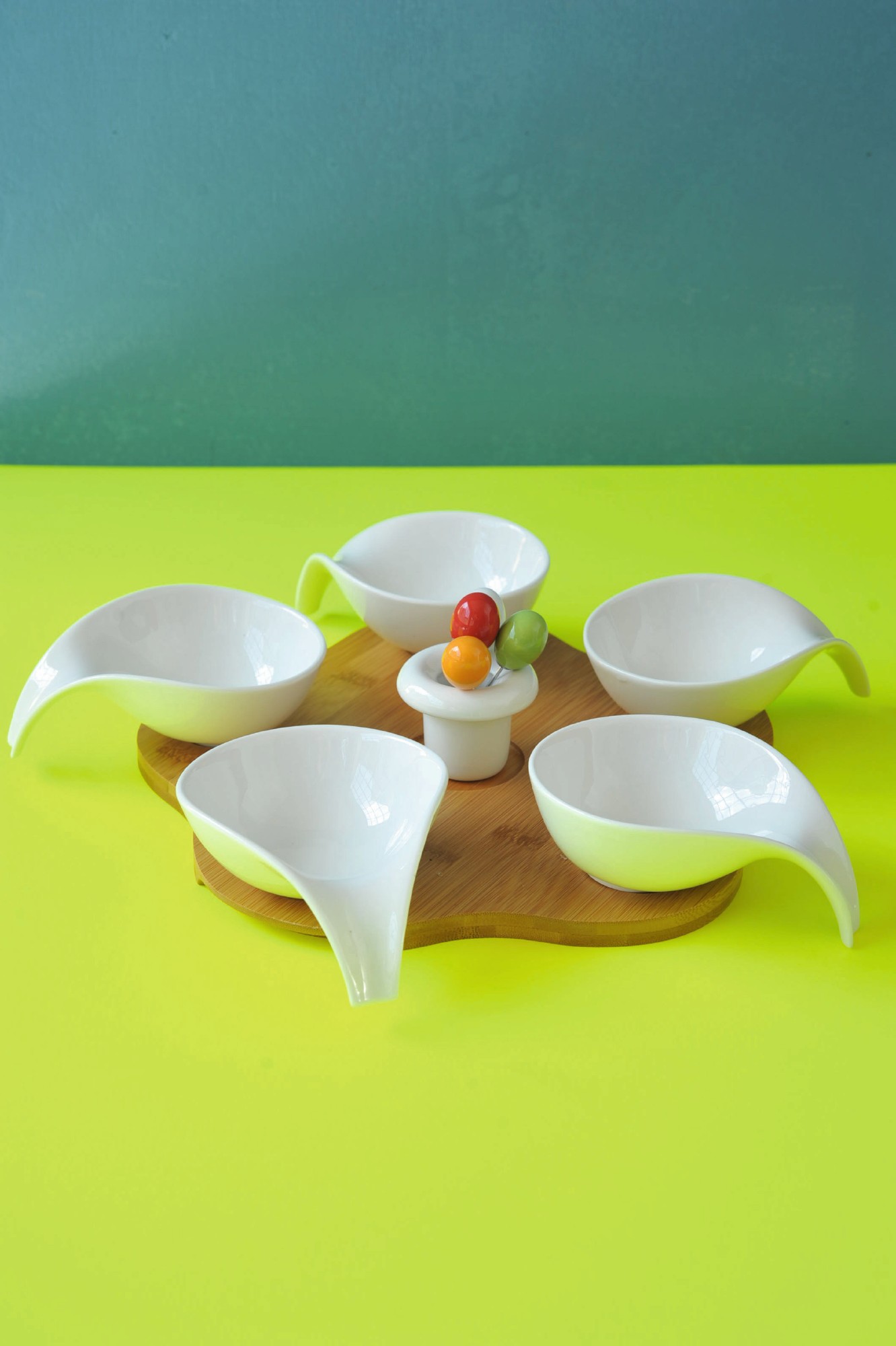 Servierset 'Cinque' mit Cocktailspießen, weiß, L 10 cm, B 13 cm, H 5 cm zu 28,00