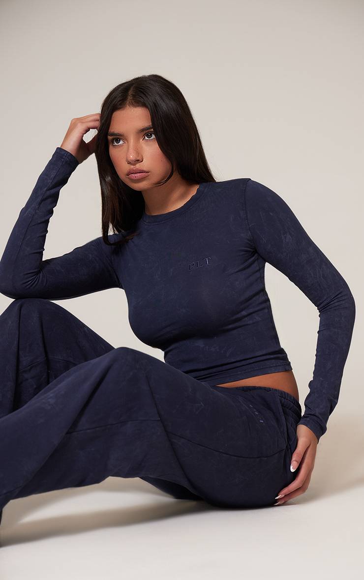 Bleu Marine T-shirt Ajusté À Manches Longues Effet Délavé