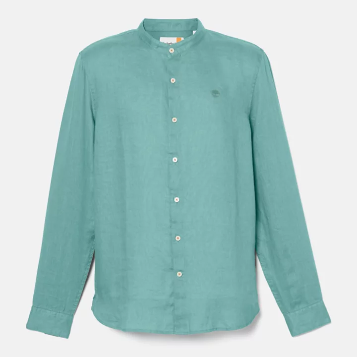 Chemise en lin Mill Brook à col Mao pour homme en bleu sarcelle