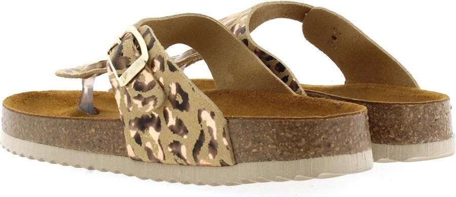 Develab 48202 leren teenslippers met panterprint beige goud