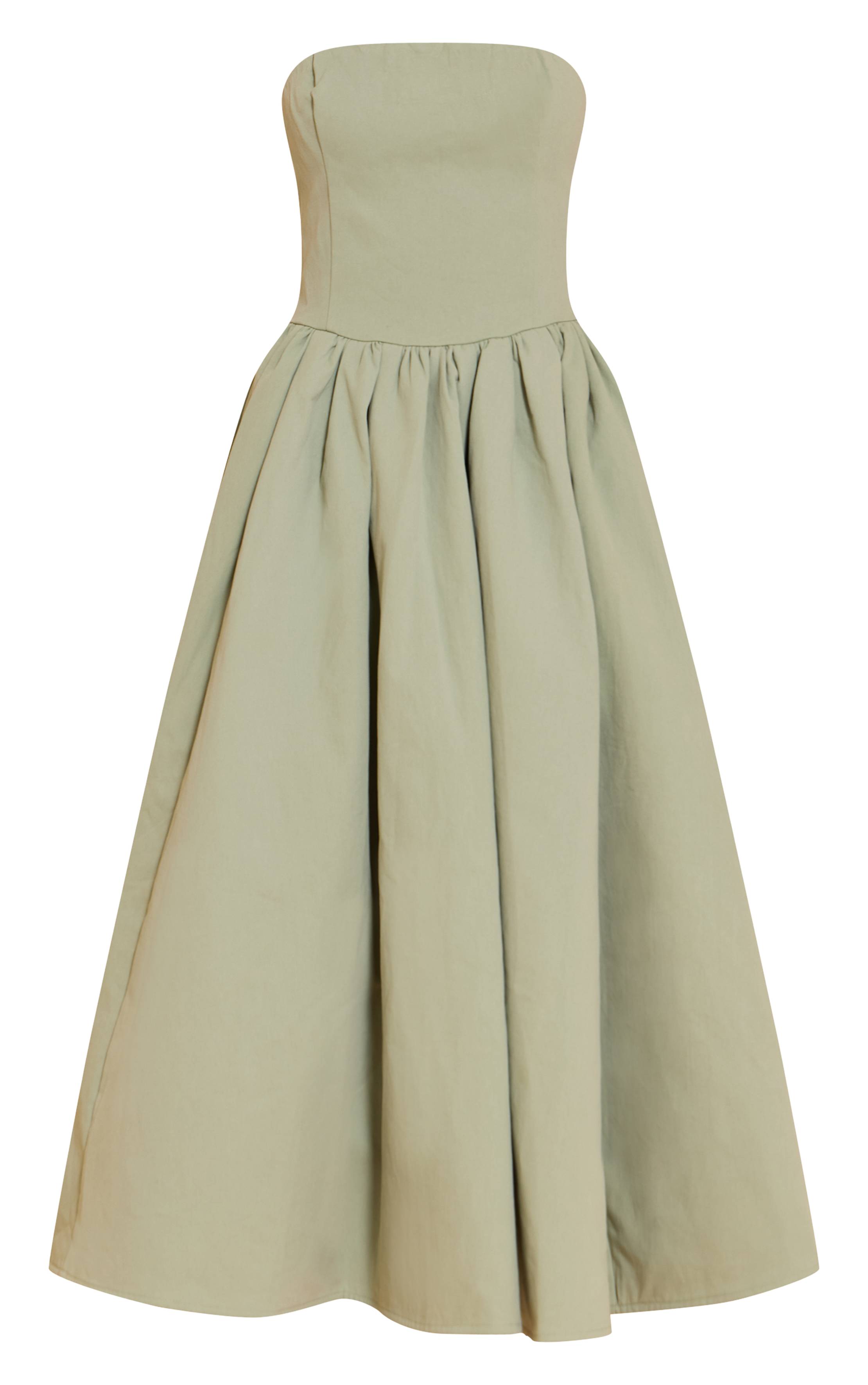 Vert Sauge Robe Patineuse Mi-longue À Bandeau Froncé En Tissu Tissé