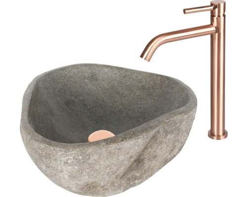 Opzetwastafel, Lombok, ca. 50 cm, natuursteen Riverstone, grijs mat, 36.102.03