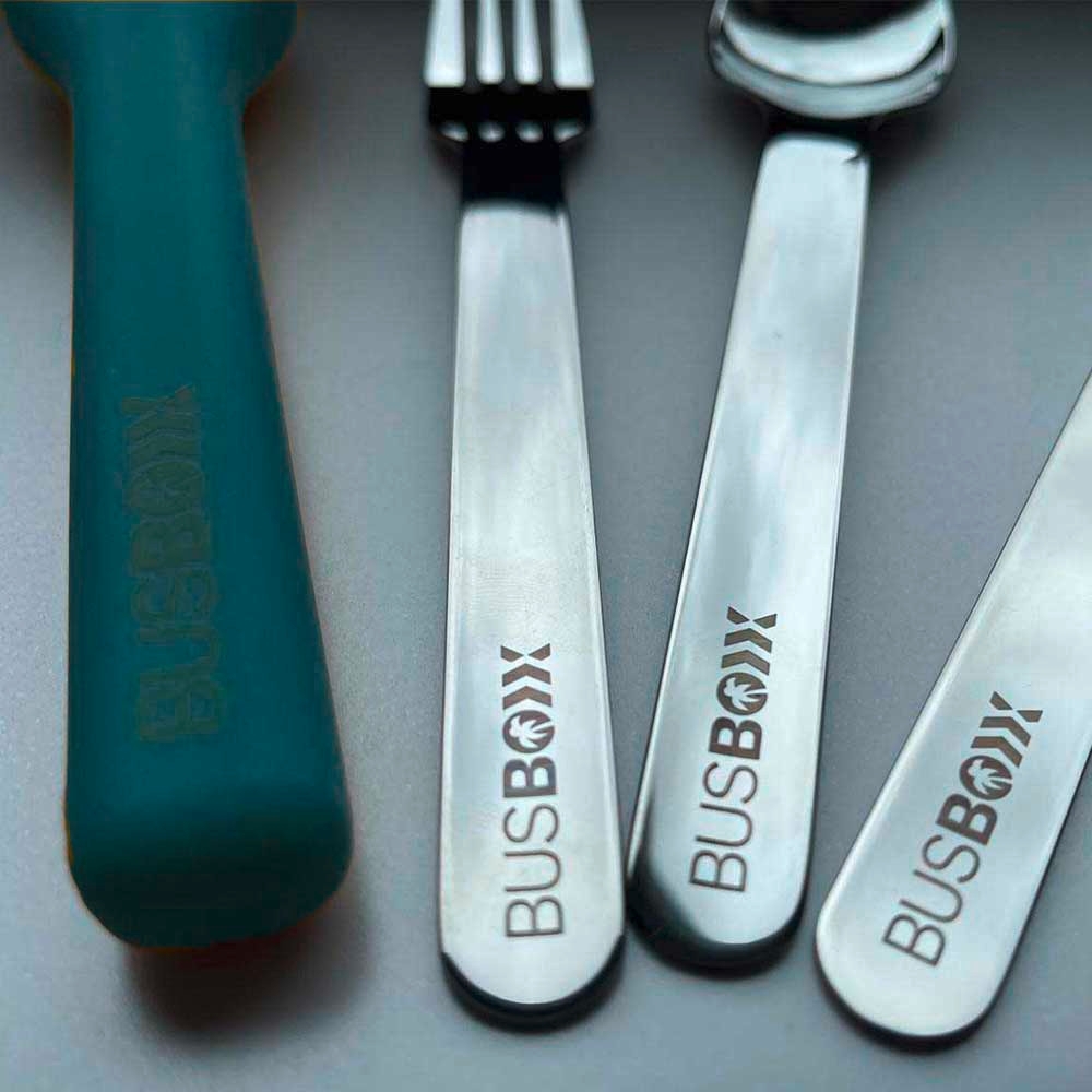 BusBoxx Besteckset 3-teilig mit elastischer Hülle bestehend aus Messer / Gabel / Löffel blau