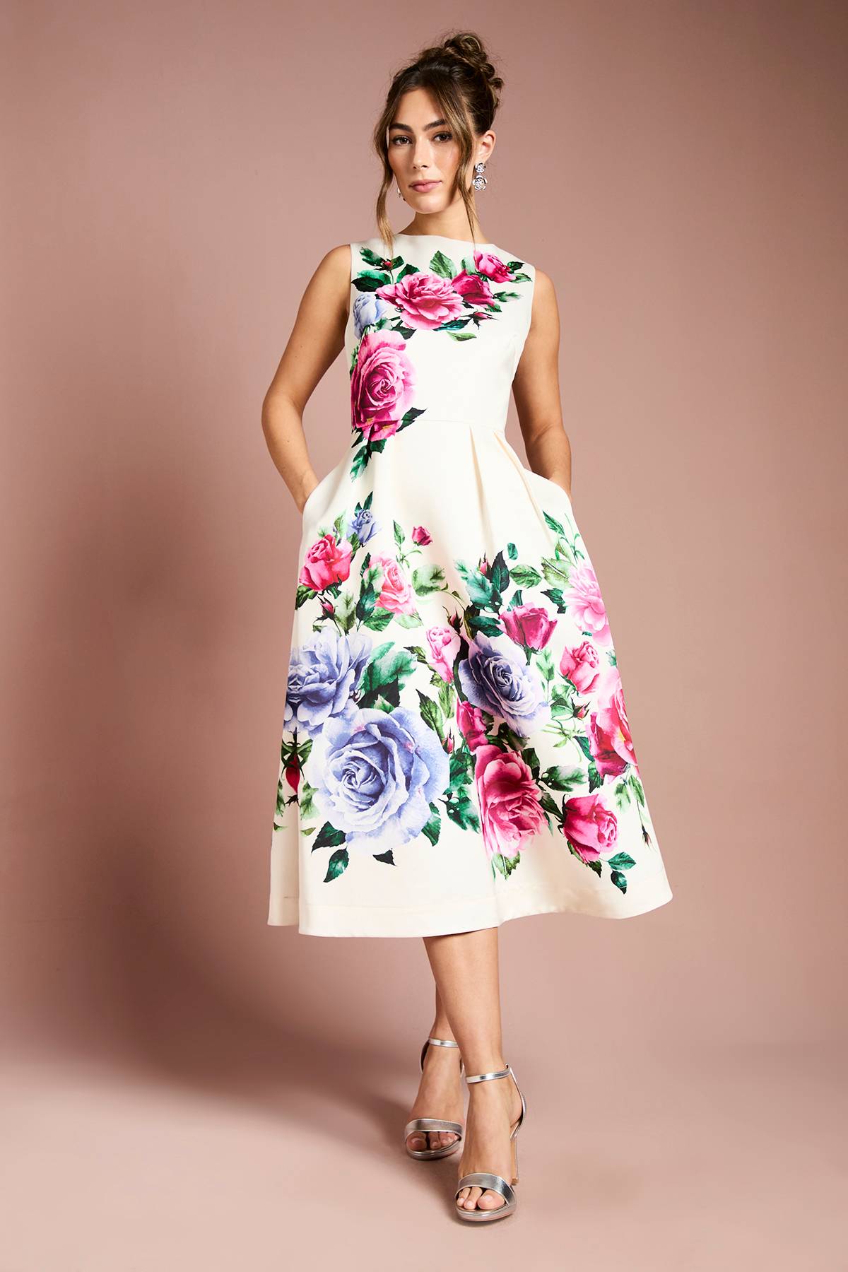 Coast Robe Midi en Satin Structurée avec Imprimé Placé et Poches