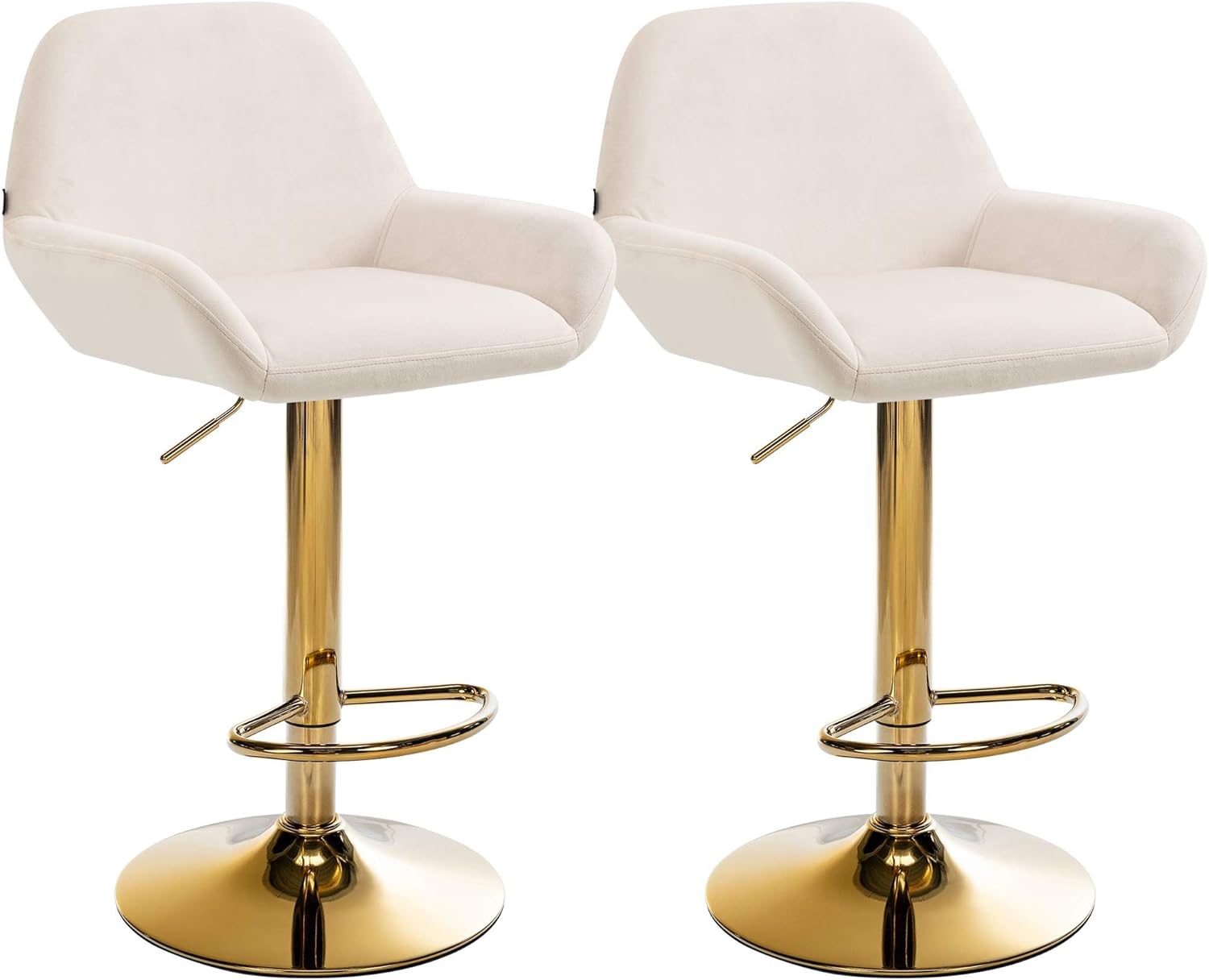 CLP 2er Set Barhocker Braga Samtbezug Gold-Gestell I höhenverstellbar und 360 drehbar I moderner Barstuhl mit Fußstütze für Küche und Bar, Farbe:Creme