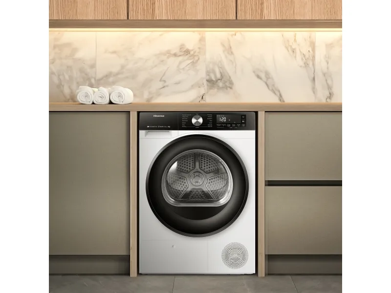 Hisense DH3S802BW3, Fritstående, Front-læsning, Varmepumpe, Hvid, Dreje, Berøring, Venstre/højre
