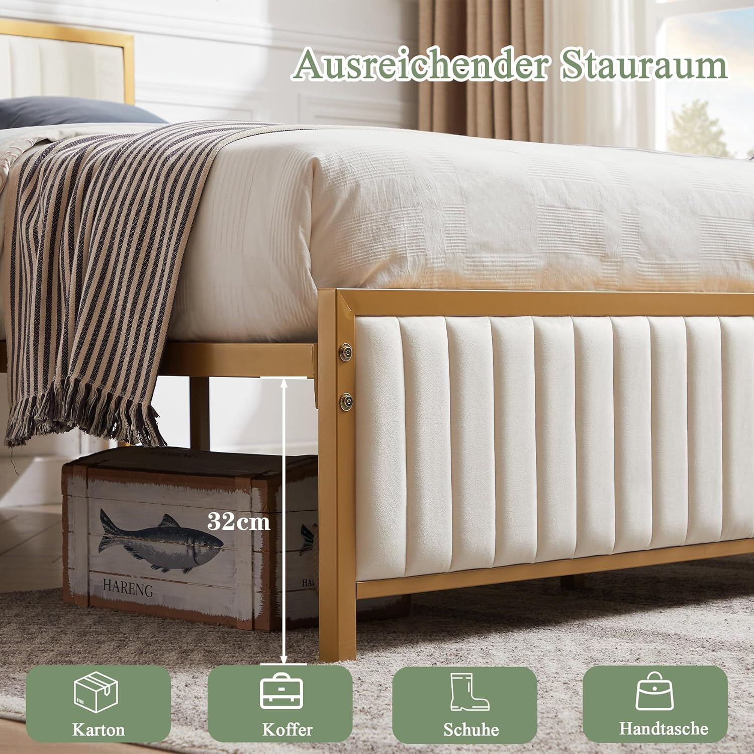 VECELO Bettgestell 140 x 200 cm, Metallbett Doppelbett mit Gepolstertem Kopf- und Fußteil, Bettrahmen mit Lattenrost, 32cm Höhe unter dem Bett, Kein Boxspring Erforderlich, Beige