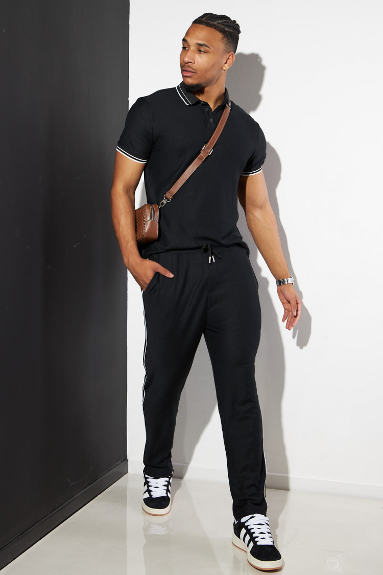 Ensemble 2 pièces polo + pantalon noir à détail blanc