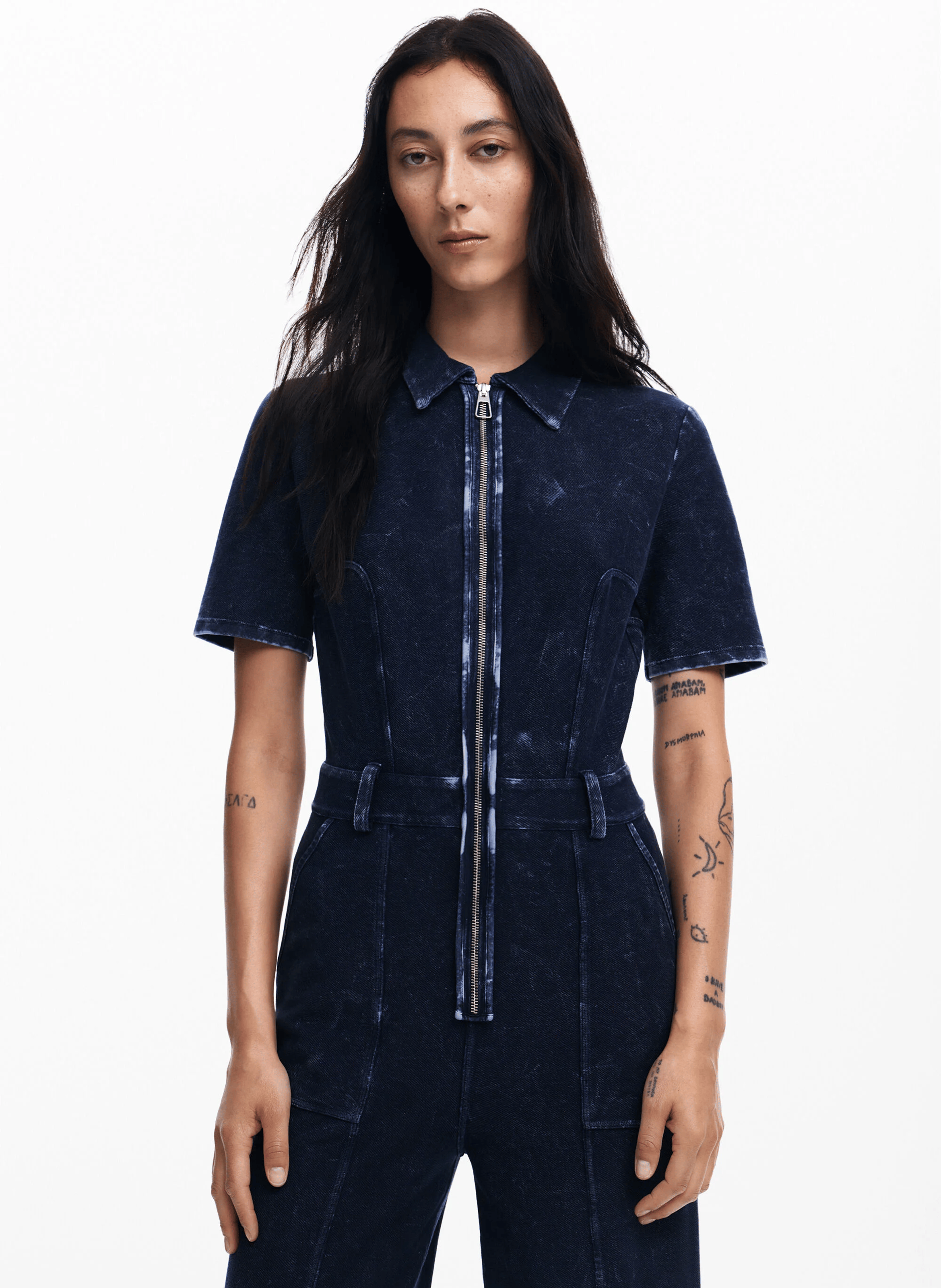 Combinaison col classique en denim de coton mélangé | Bleu
