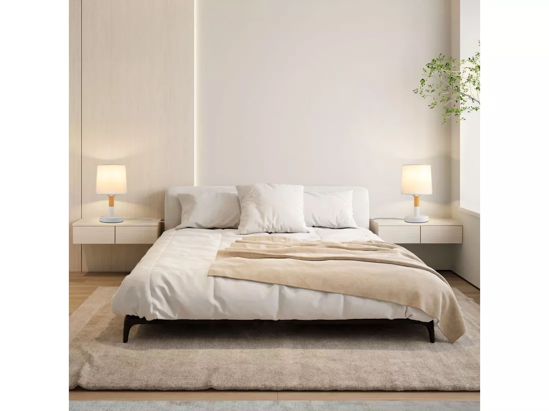 NETTLIFE Lampe de chevet Set de 2 lampes de table Salon - en bois E27 Douille Bedside Lamp Chambre à coucher Blanc