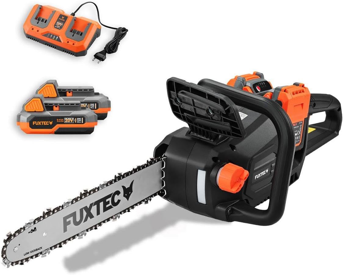 FUXTEC 40V Akku Kettensäge FX-E2KSSET – 14 Zoll Schwertlänge, 2x20Volt, 4,2 Kg leicht mit einer Kettengeschwindigkeit von 15 m/s, Akku& Ladegerät