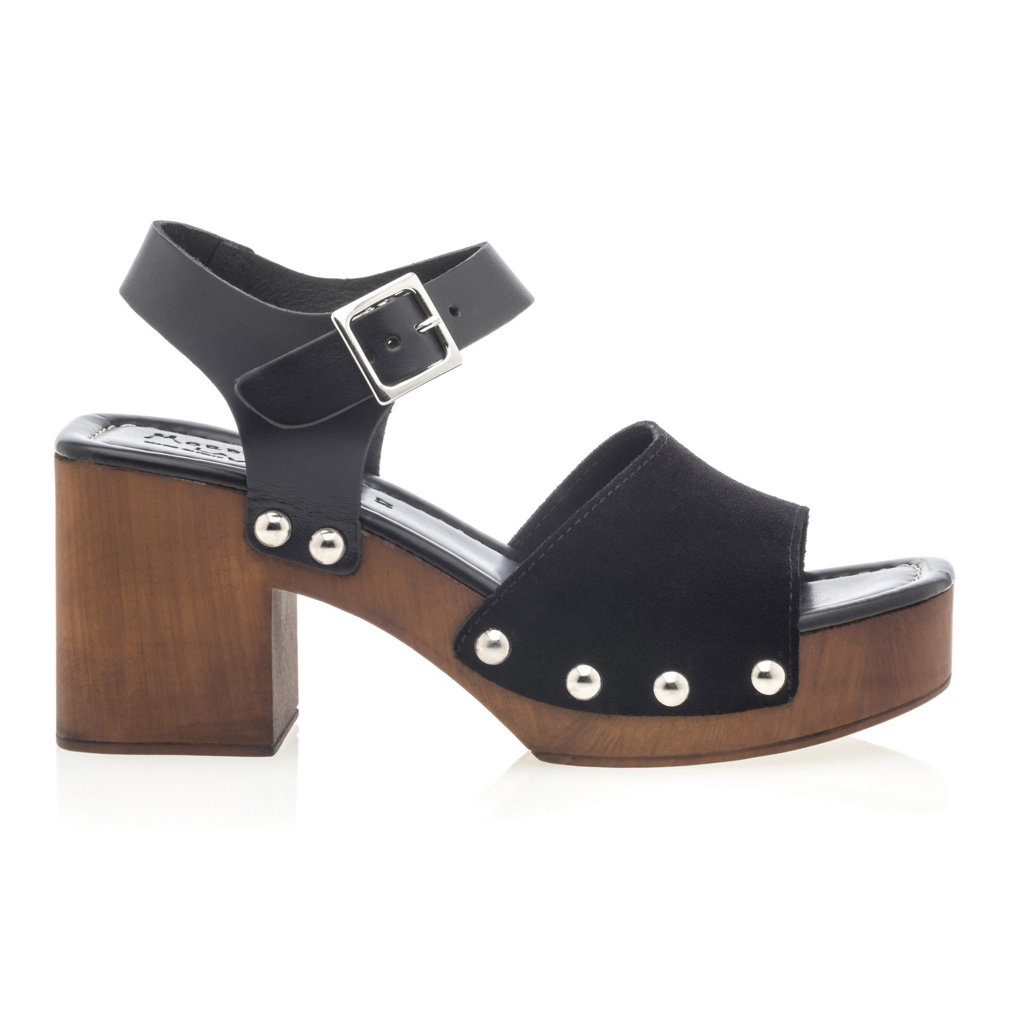 Chaussures semelle bois à talon Femme en cuir noir