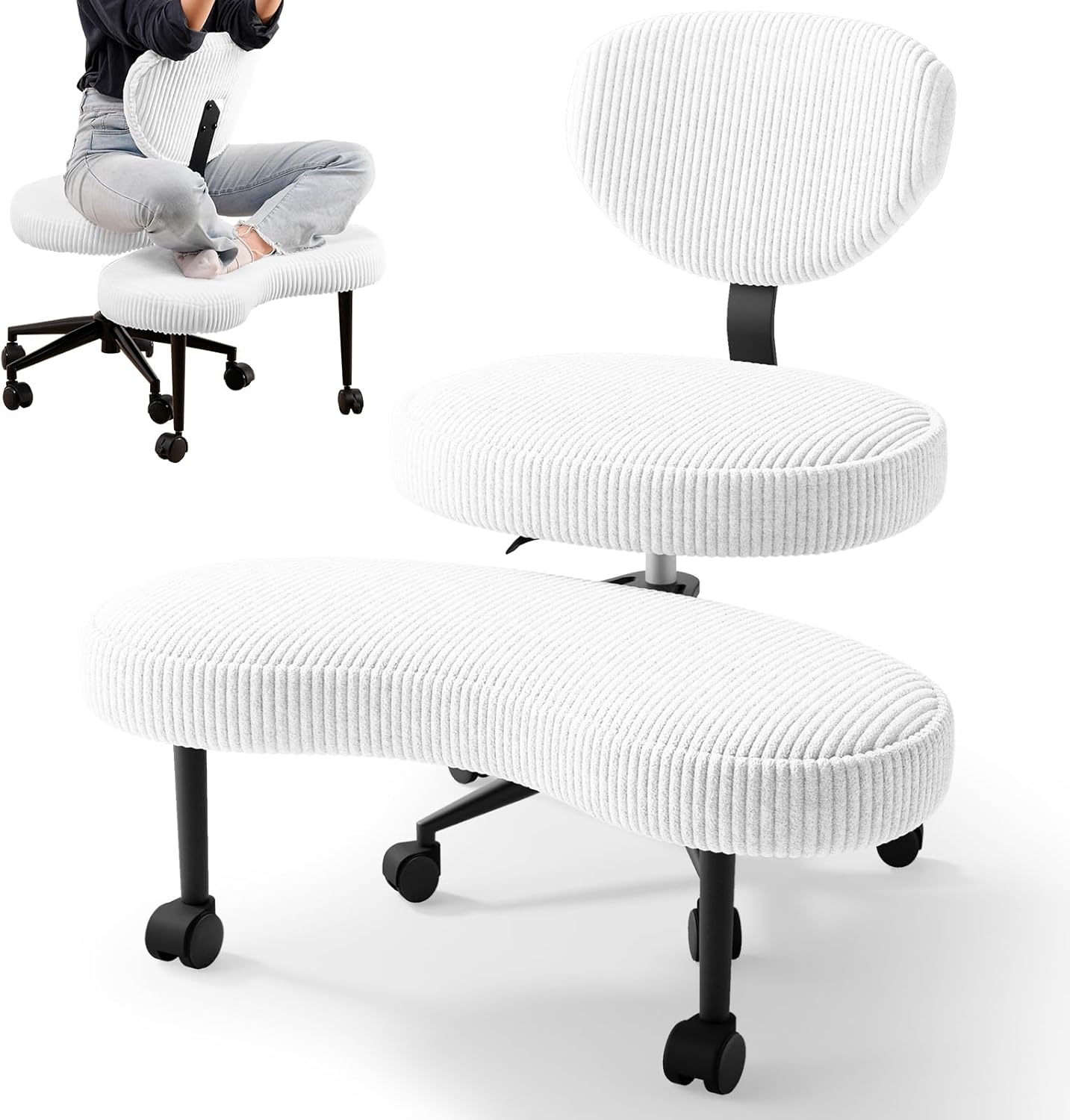 Bürostuhl mit Kreuzbeinen, 360° drehbar, ergonomischer Kniestuhl, Criss Cross Schreibtischstuhl mit Verstellbarer Höhe, ADHS-Meditationsstuhl mit Rückenstütze, Cordstoff, Weiß