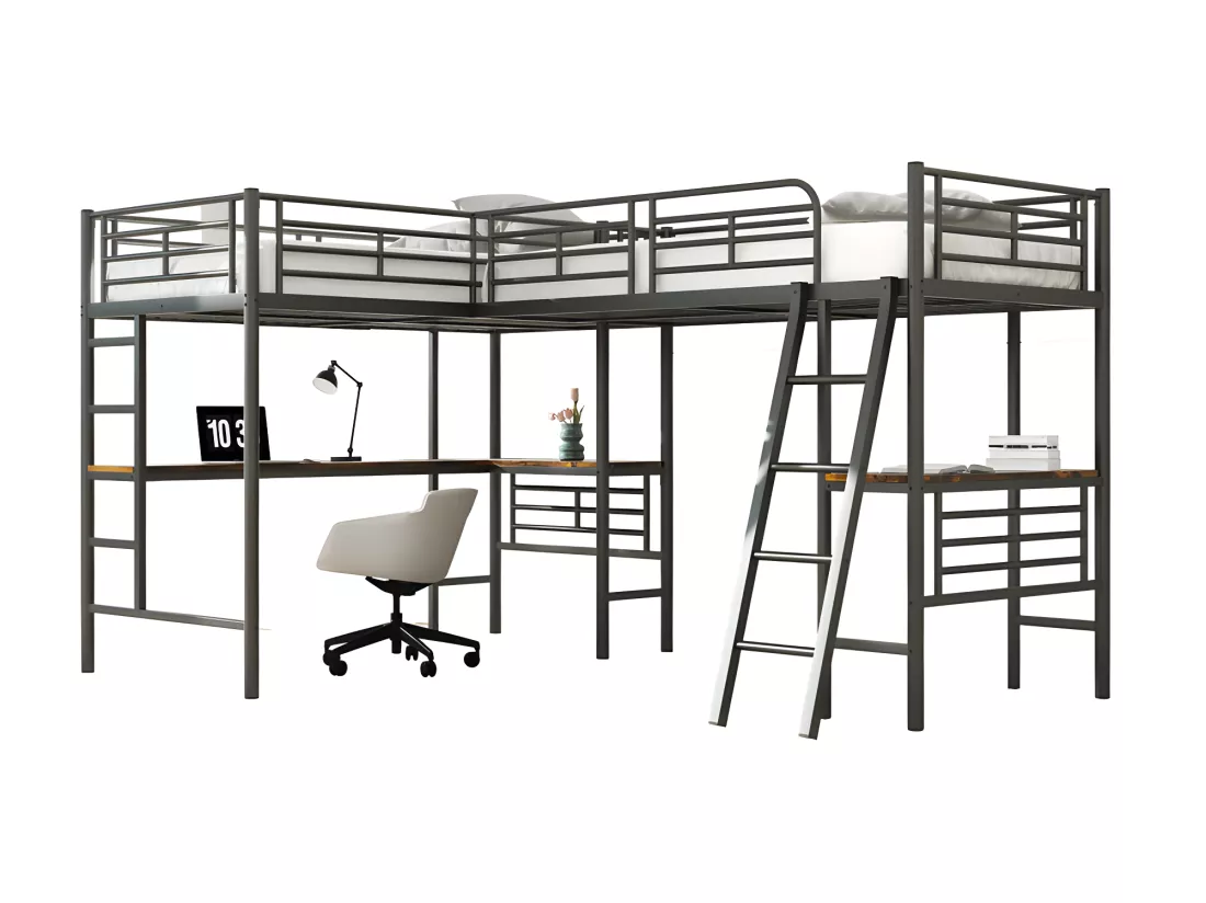 Lit mezzanine - 2 lits 90x200 cm - 2 bureaux sous le lit - Noir