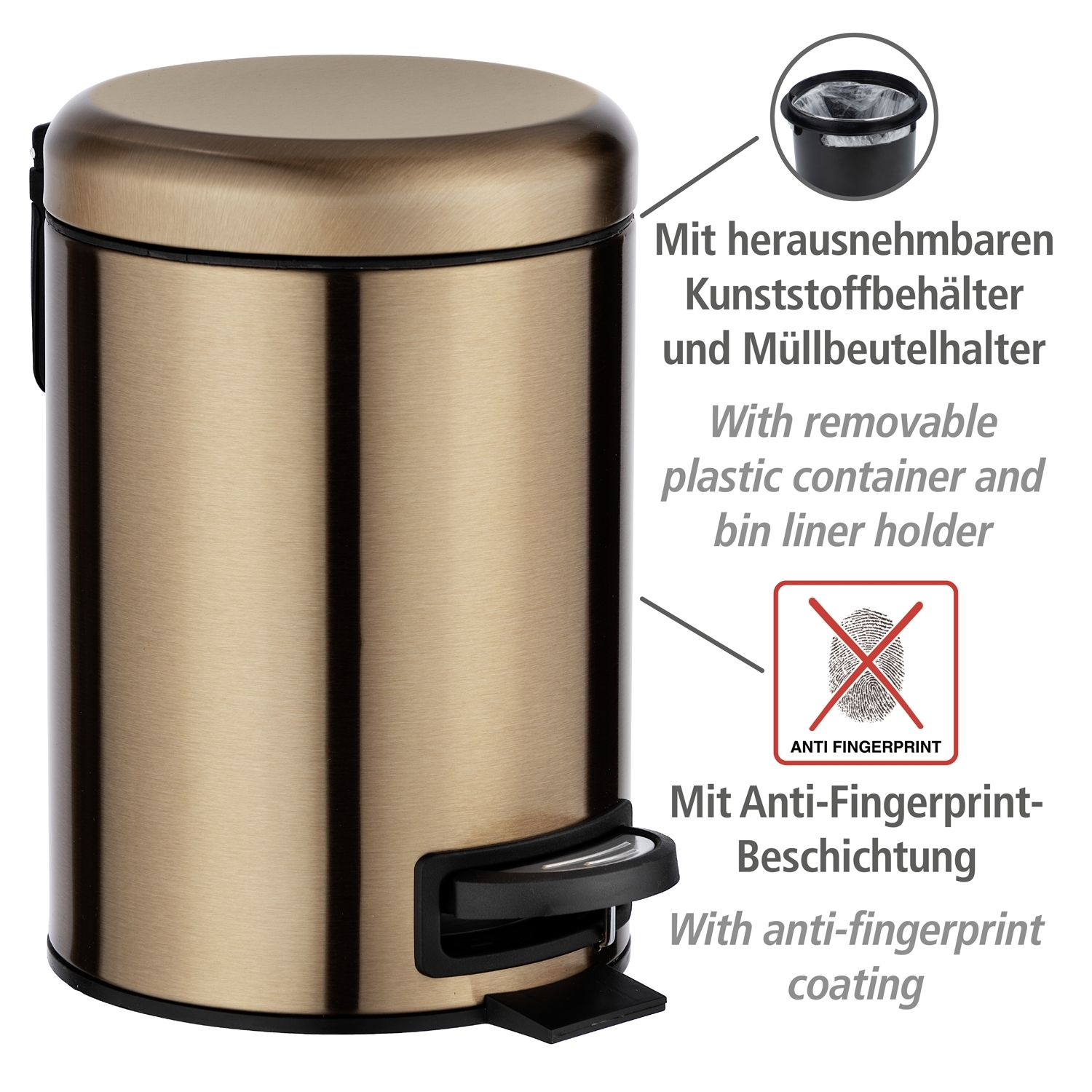 Wenko Leman afvalemmer 3 liter RVS koper