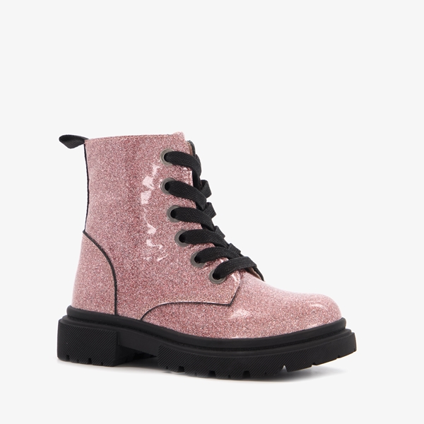 TwoDay leren meisjes veterboots met glitter roze
