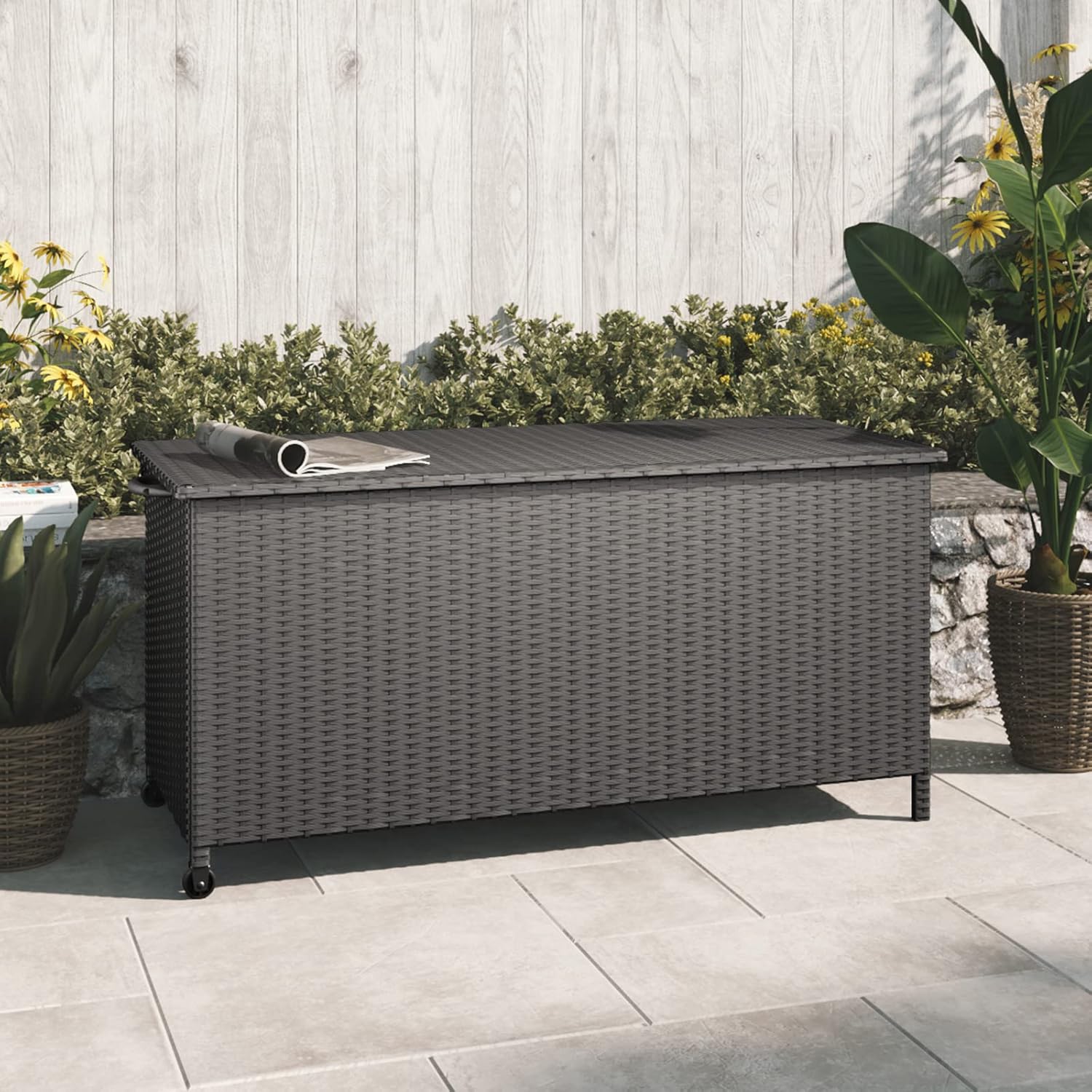 Grand patio Rattan Auflagenbox 480 Liter Gartenbox mit Deckel und Gasdruckfedern, UV-beständig Aufbewahrungskiste mit Zwei Radern, Leicht Bewegen, Kissenbox für Garten, Balkon (Schwarz)