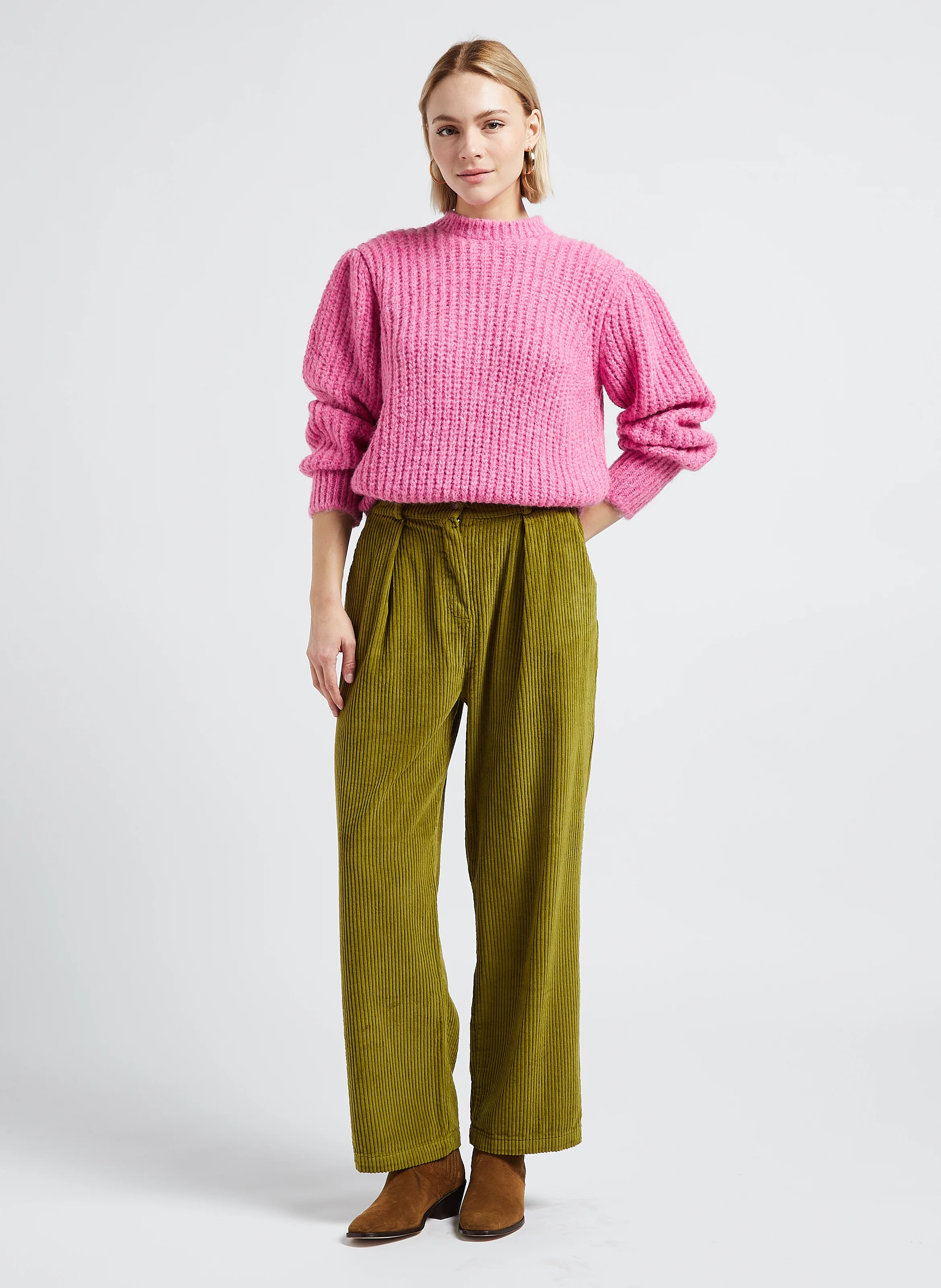 CAMERON - Pantalon droite en velours de coton côtelé| Vert