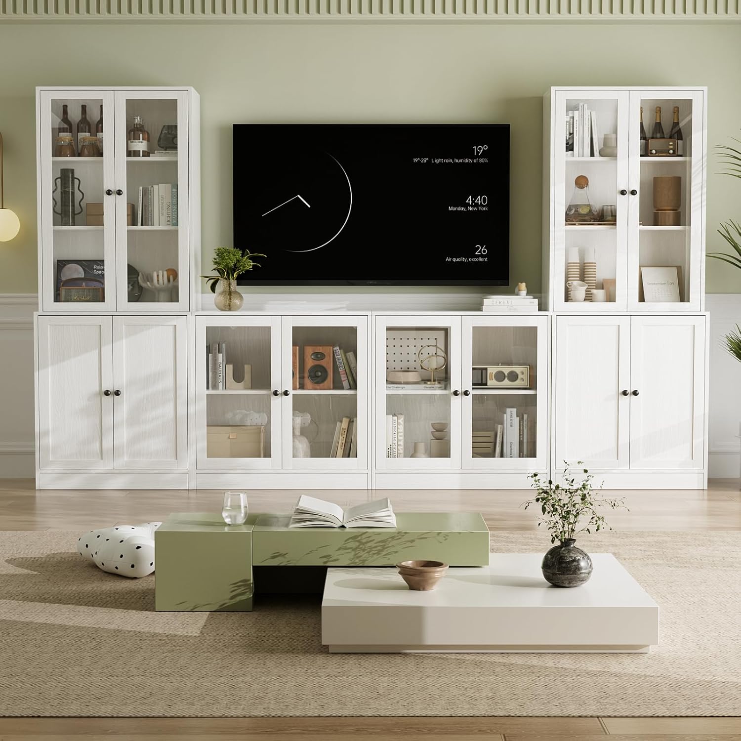 VOWNER 4PSC Großer TV-Schrank mit Bücherregalen für Fernseher bis zu 70 Zoll, 280 cm Long tv Ständer mit gehärteten Glastüren und Einlegeböden, fernsehschrank für Wohnzimmer, 2B+2D (Weiß)