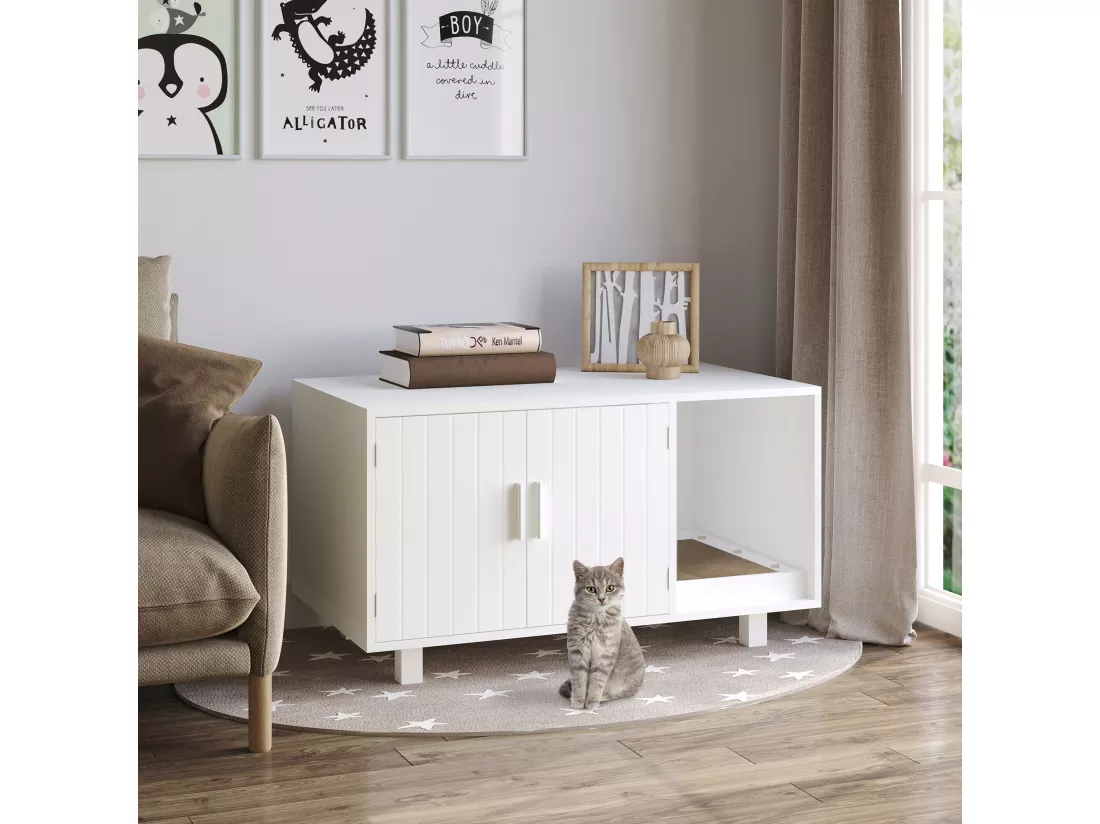 Maison de toilette pour chat - 2 portes, niche, grattoir amovible - MDF blanc
