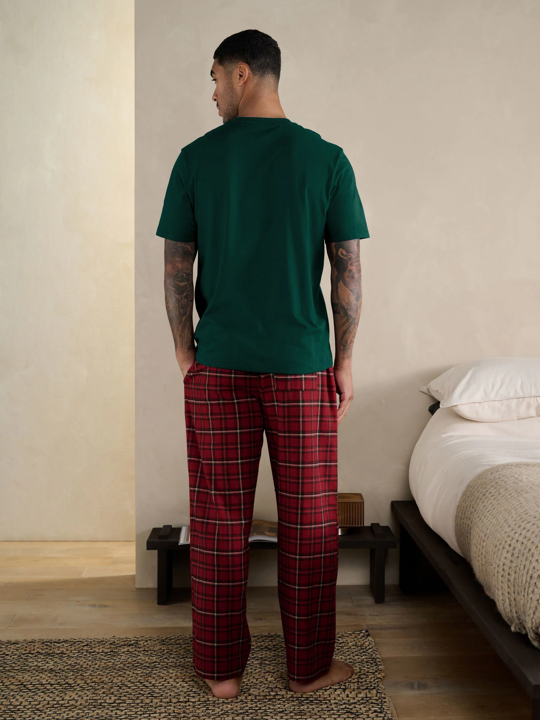 Rood met Schotse ruit - Geruite geweven pyjamaset met korte mouwen