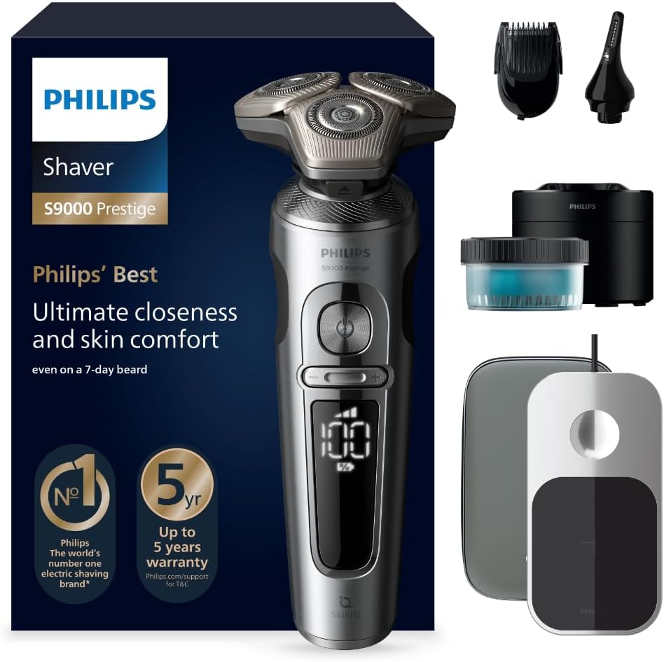 Philips Rasierer S9000 Prestige - Elektrischer Nass- und Trockenrasierer, glänzendes Chrom, Lift & Cut-Rasiersystem, SkinIQ-Technologie, Bartstyler, Reinigungsstation & Qi-Ladepad (Modell SP9885/35)