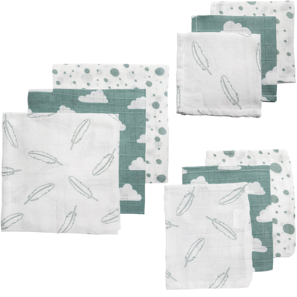 hydrofiele starterset Feather-clouds-dots - set van 9 stonegreen/wit