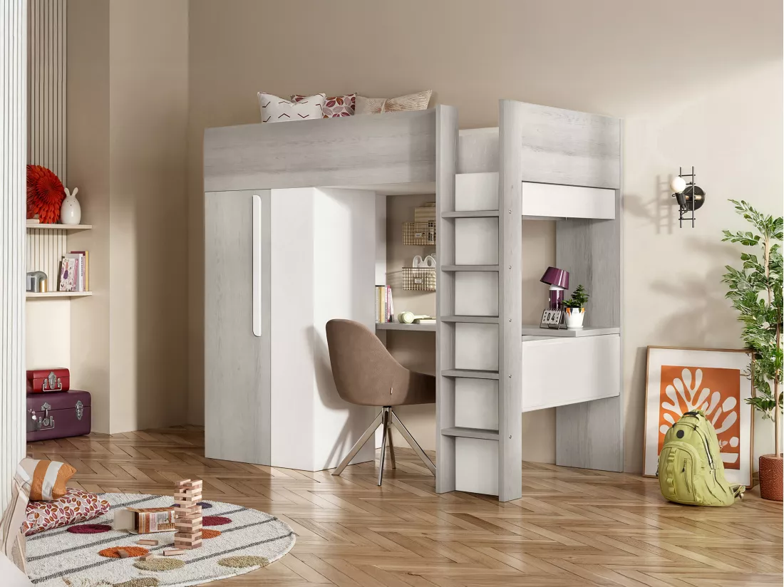 Lit mezzanine 90 x 200 cm avec armoire et bureau - Naturel grisé et blanc - NICOLAS
