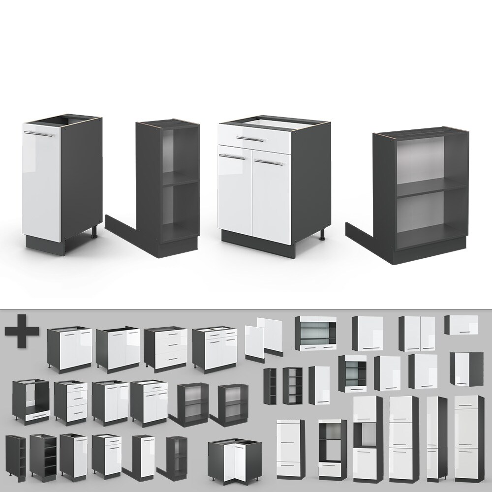 Vicco Kücheninsel Küchenblock Einbauküche Fame-Line Anthrazit Weiß 90 cm modern Hochglanz Küchen Schränke Apothekerunterschrank Schubunterschrank Regalinselunterschrank Softclose-Scharnier Küchenmöbel