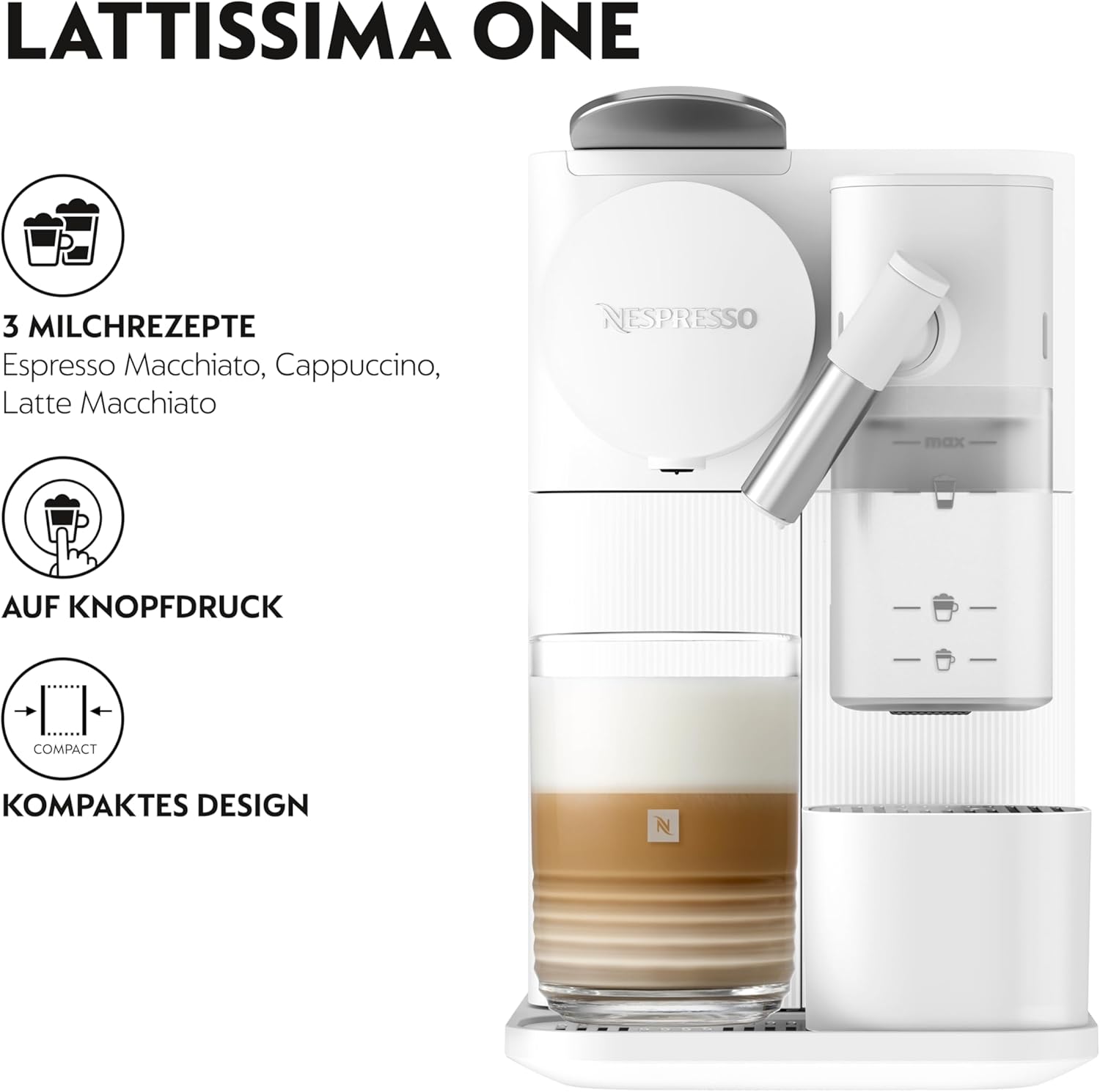 De'Longhi Nespresso Lattissima One EN510.W Kaffeekapselmaschine mit automatischem Milchsystem, 3 Direktwahltasten, 1 L Wassertank, 19 bar Pumpendruck, nur 25 Sek. Aufheizzeit, Auto-Abschaltung, weiß