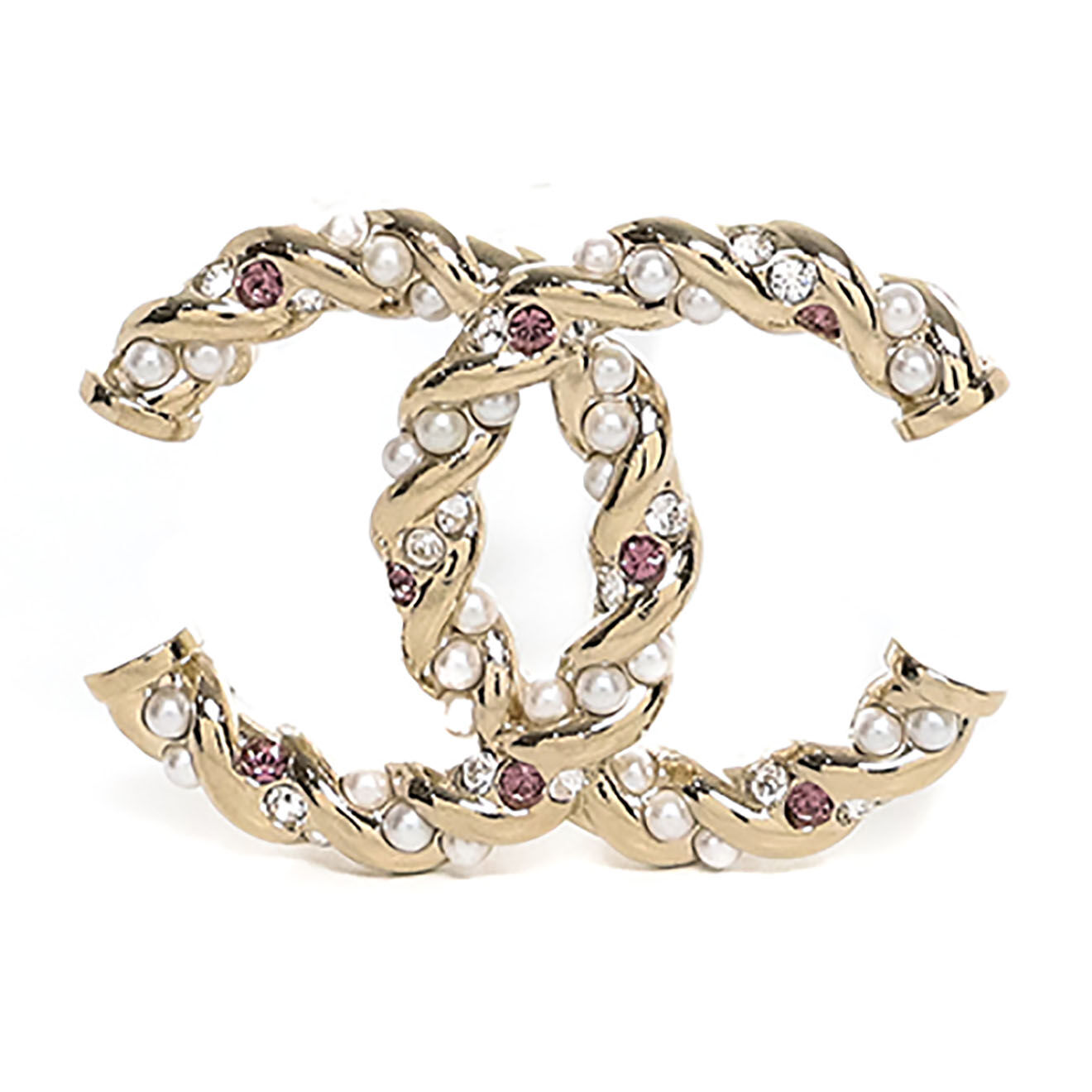 Chanel Broche torsadée Strass & Perles dorée - Neuf sans étiquette