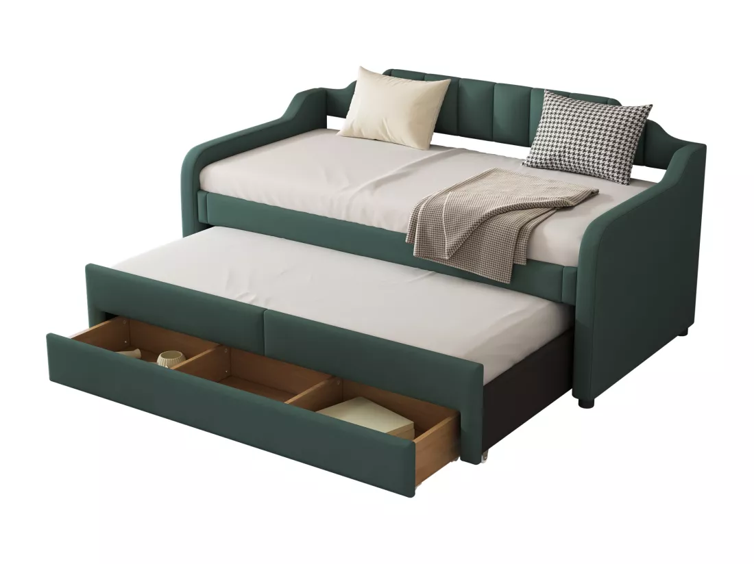 Lit banquette avec tiroirs rembourré en lin - 90x200cm + 90x190cm - Vert Sapin