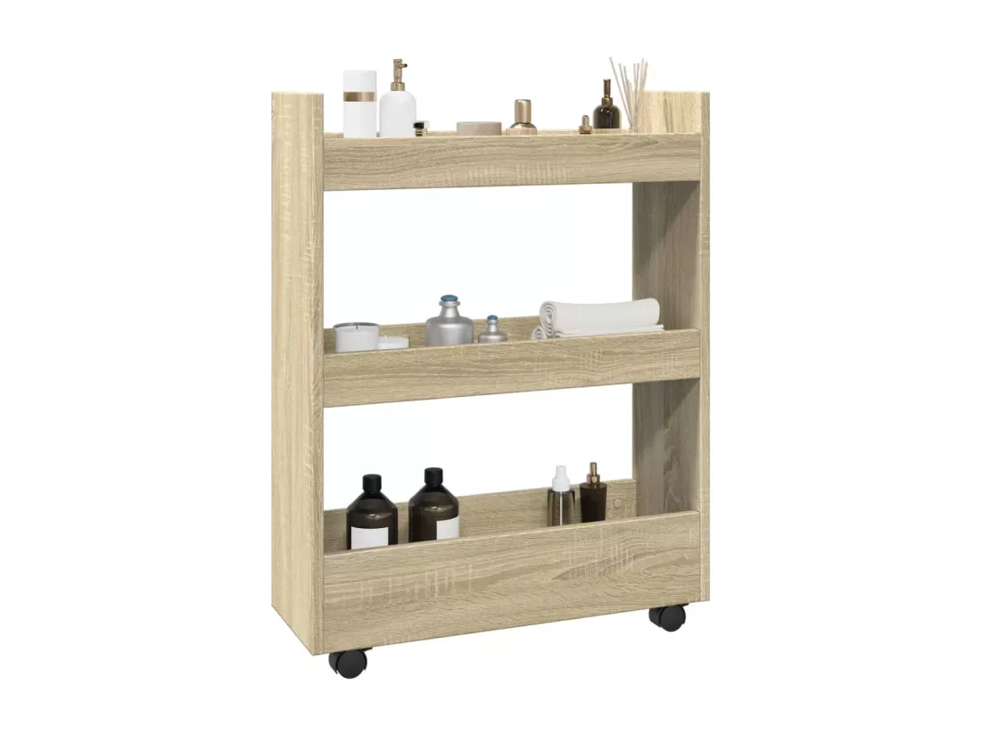 Chariot de rangement étroit 3 niveaux chêne sonoma