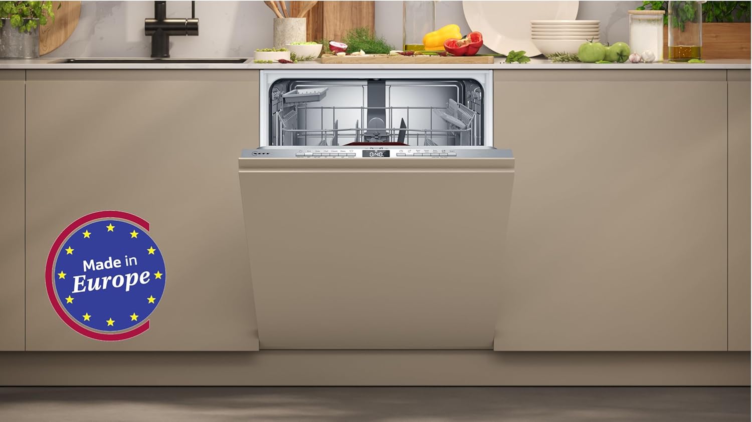NEFF S253ITX01E, N 30, Smarter Geschrirspüler Vollintegriert, 60 cm, Besteckkorb, Chef 70°C Profi-Programm gegen hartnäckige Verschmutzungen, AquaStop, Info Light höhenverstellbarer Oberkorb