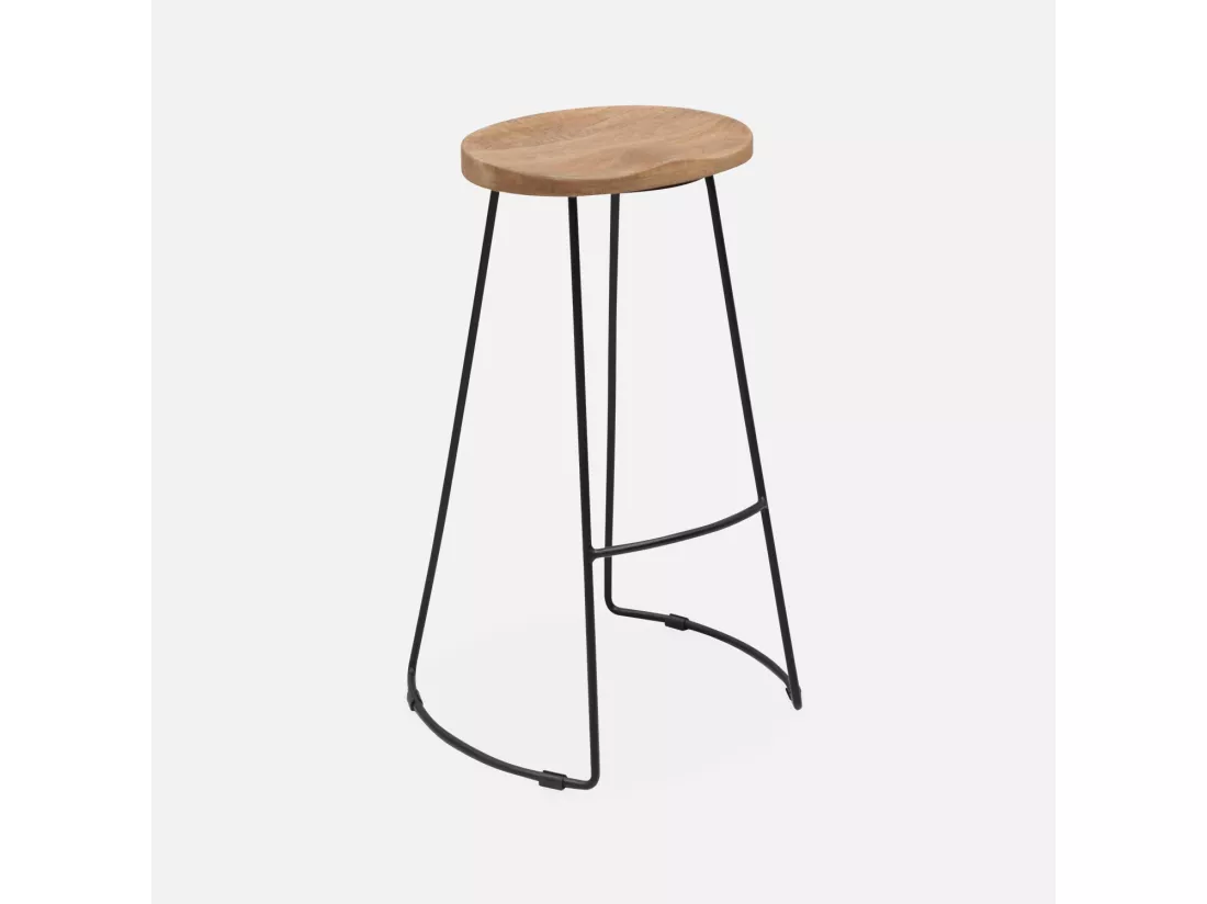 Lot de 2 tabourets de bar bois de manguier naturel et acier. avec repose pieds. 75cm