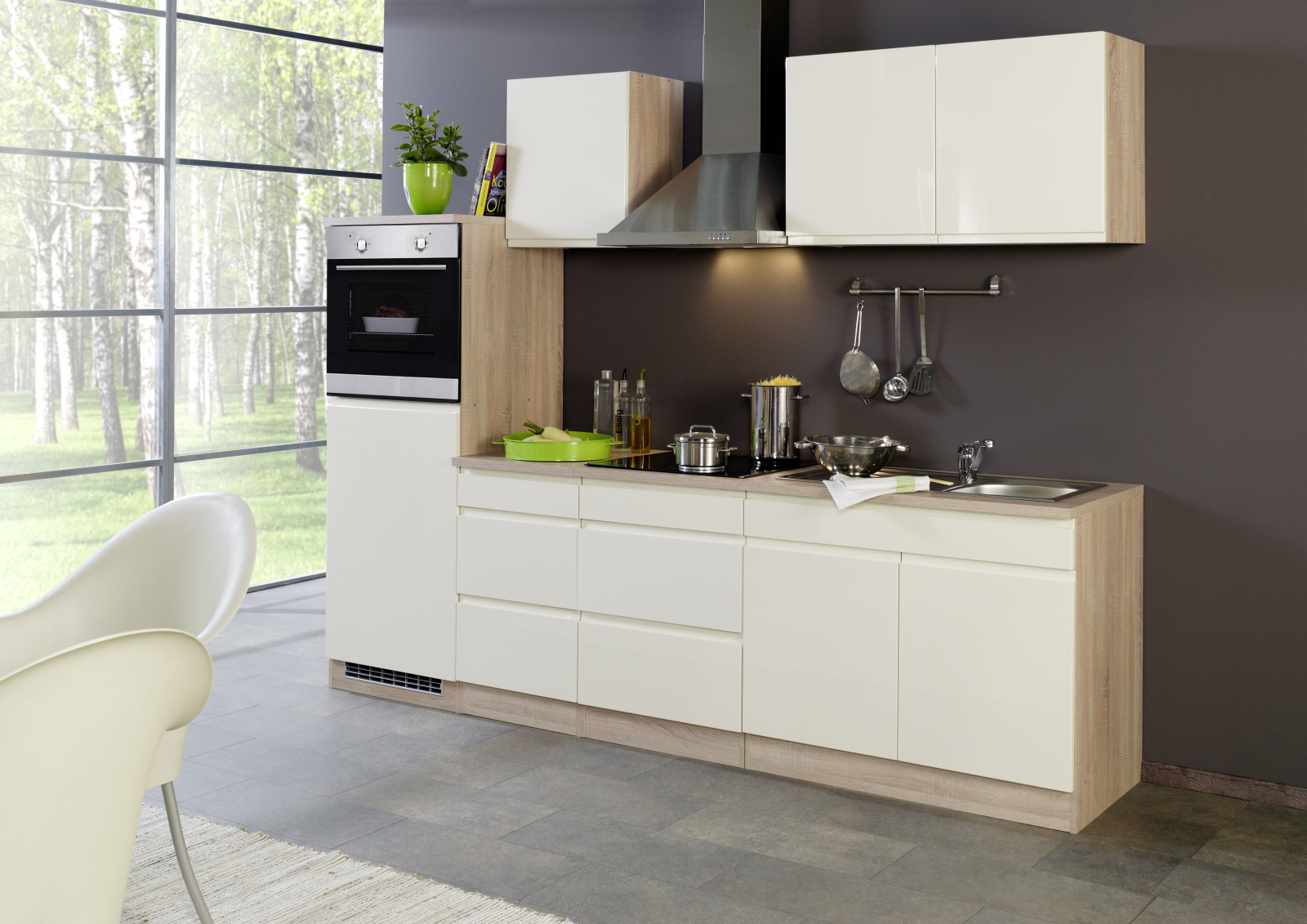 Küchenblock WIEN - creme Hochglanz-Sonoma Eiche - mit E-Geräten - 270 cm