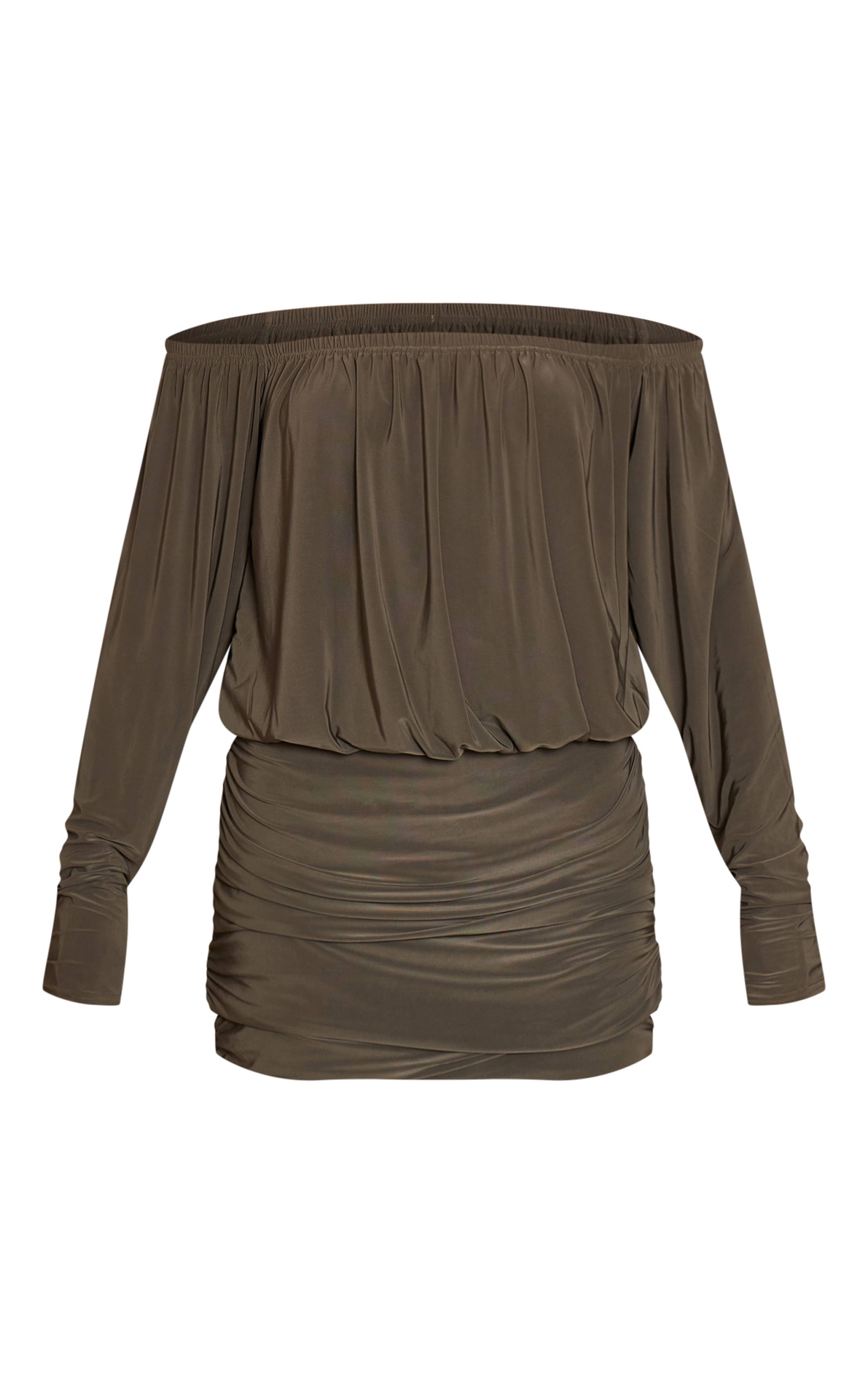 Kaki Robe Mini Drapée Bardot Slinky Double Couche