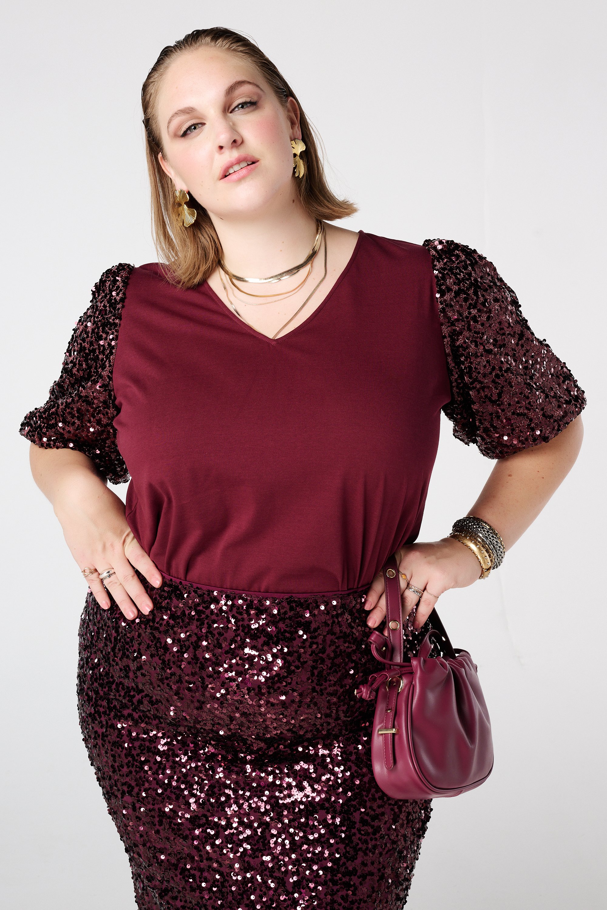 Top met pailletten pofmouwen Donker rood