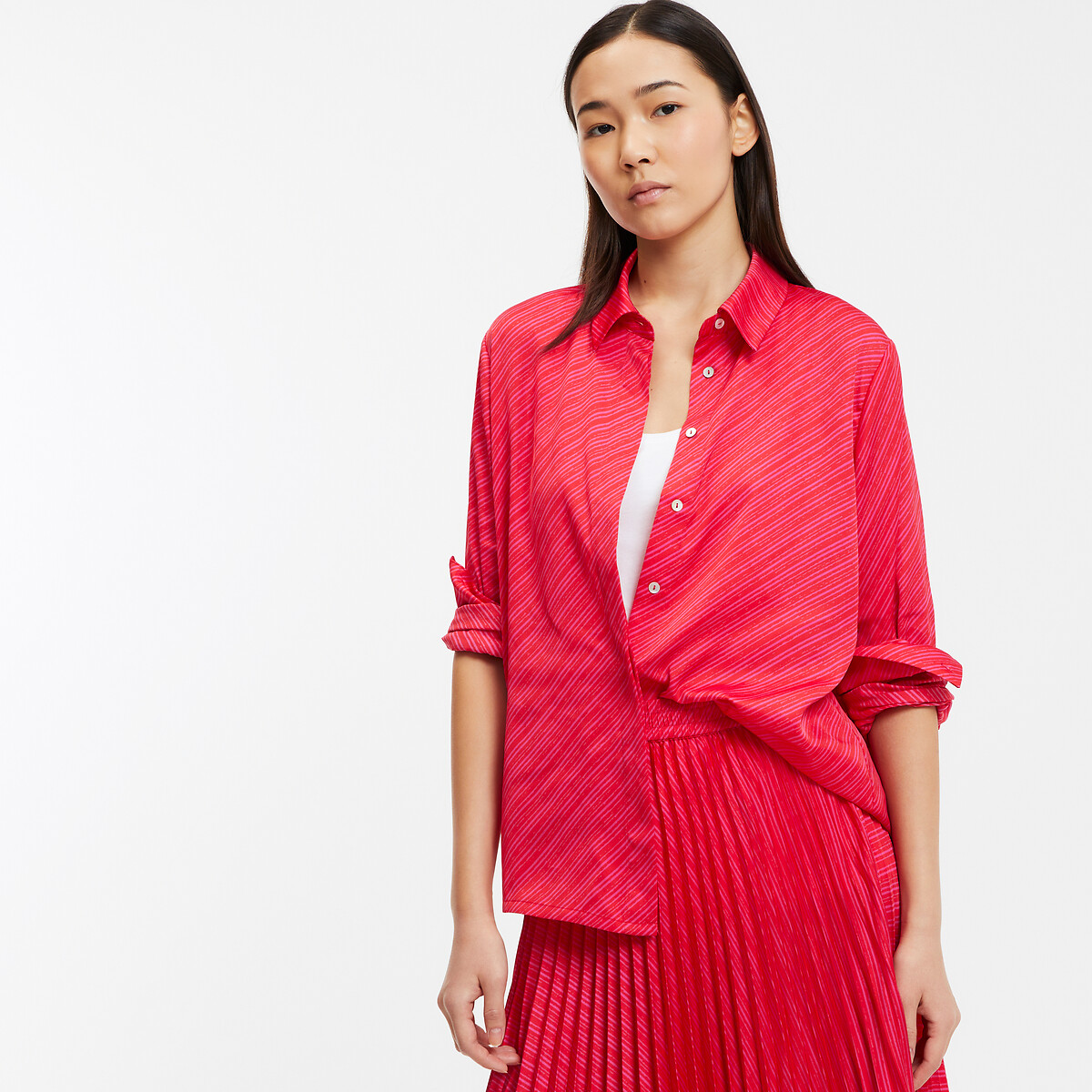 COLEÇÃO LA REDOUTE<br>Camisa fluida de cetim com listras e mangas compridas
