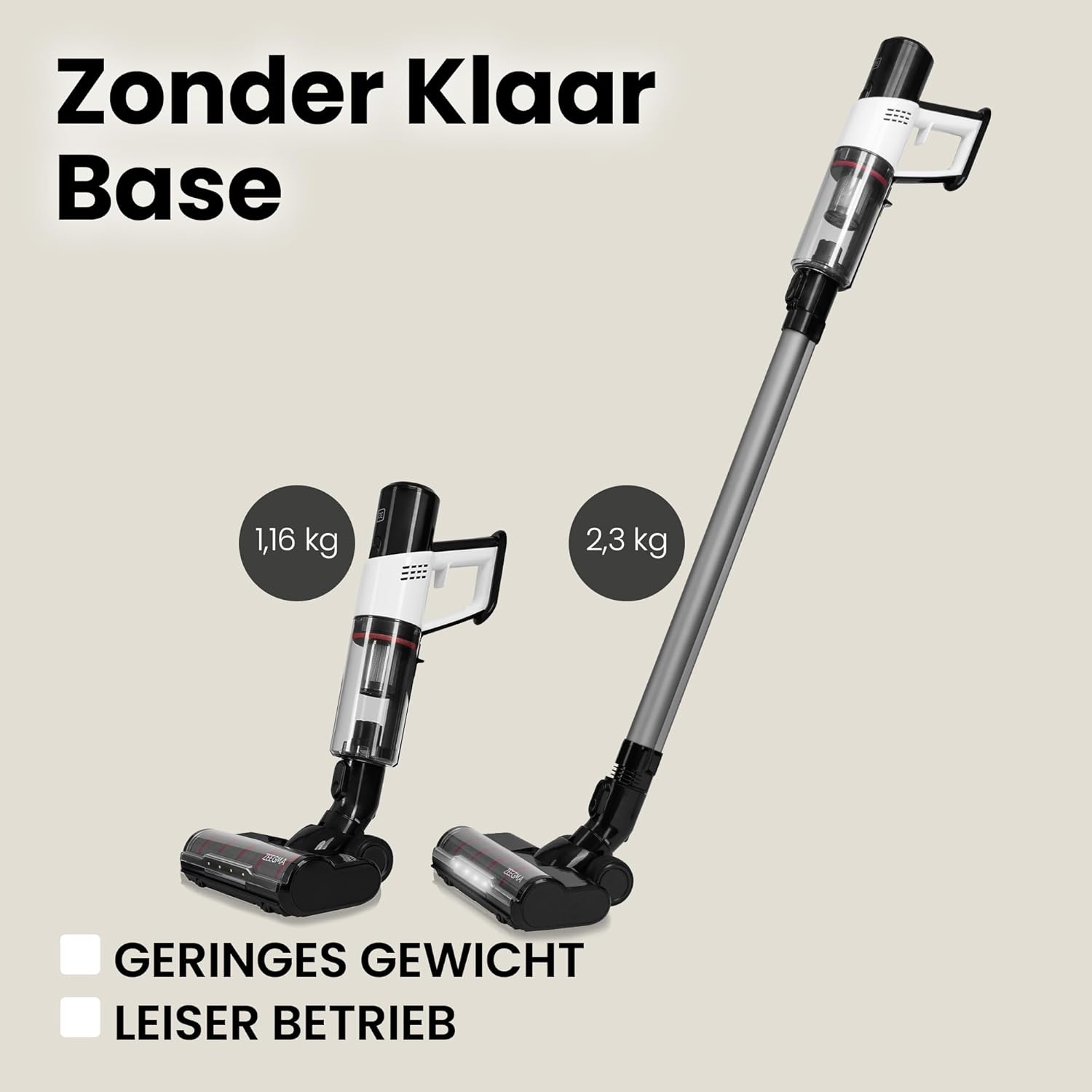 Zeegma ZONDER KLAAR Base Kabelloser aufrechter Staubsauger 250 W / 23 000 Pa, Laufzeit bis zu 55 Min., 3 Betriebsmodi, LED-Bürstentechnologie, intelligenter Staubsensor, Nassbodenreinigungsfunktion