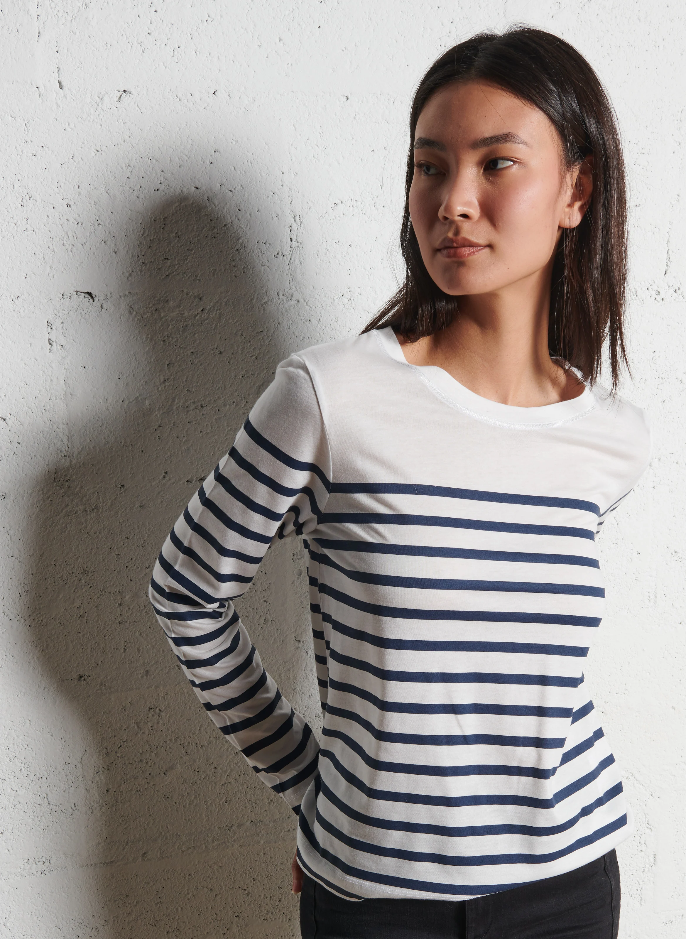 TEREZA - Tee-shirt droit col rond rayé en coton mélangé| Blanc