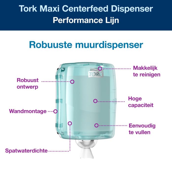 Tork 653000 Centerfeed Dispenser Wit en Turquoise W2, Robuust Design (653000)