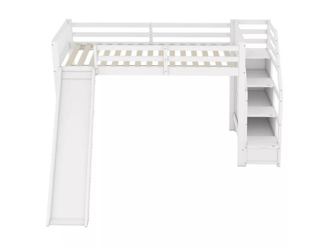 Lit mezzanine 90x200cm, lit enfant avec toboggan, échelle de rangement, certifié EN747, blanc