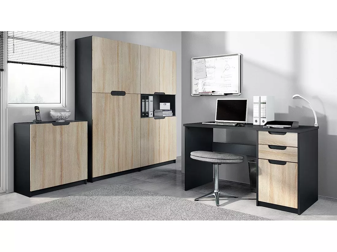Ensemble de Meubles de Bureau Corps en Noir Mat/Façades en Chêne Brut