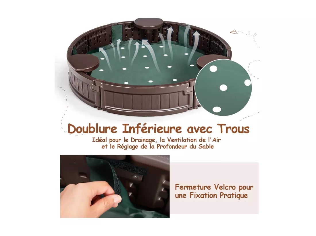 Bac à Sable Enfant Rond 120x120x21 cm en Plastique avec Couvercle Etanche Bâche Intégrée Sièges Doublure Inférieure Marron