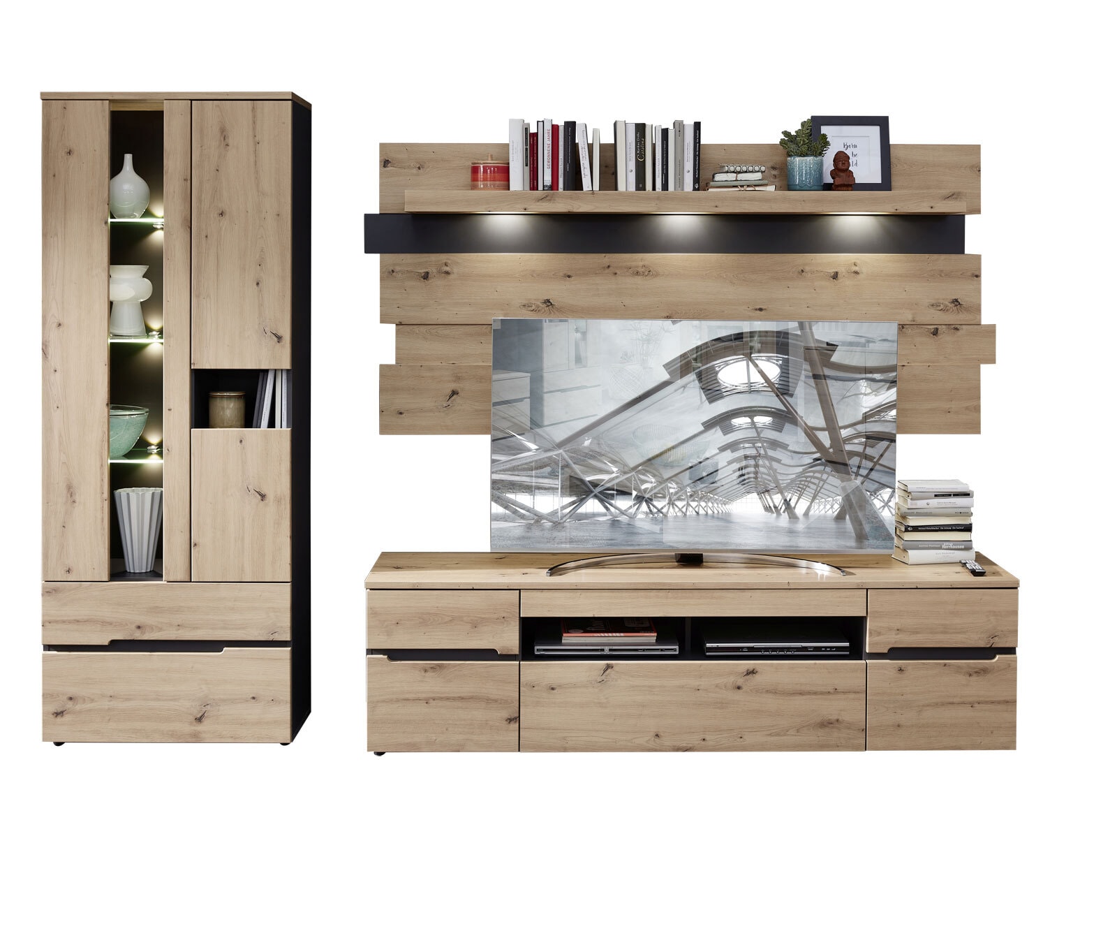 Wohnwand Memphis 3-teilig Graphit / Eiche Artisan