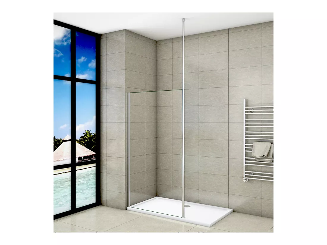 Paroi de douche à l'italienne 100x200cm avec barre de fixation au plafond 203-320cm - Chromé - Verre 8mm trempé transparent