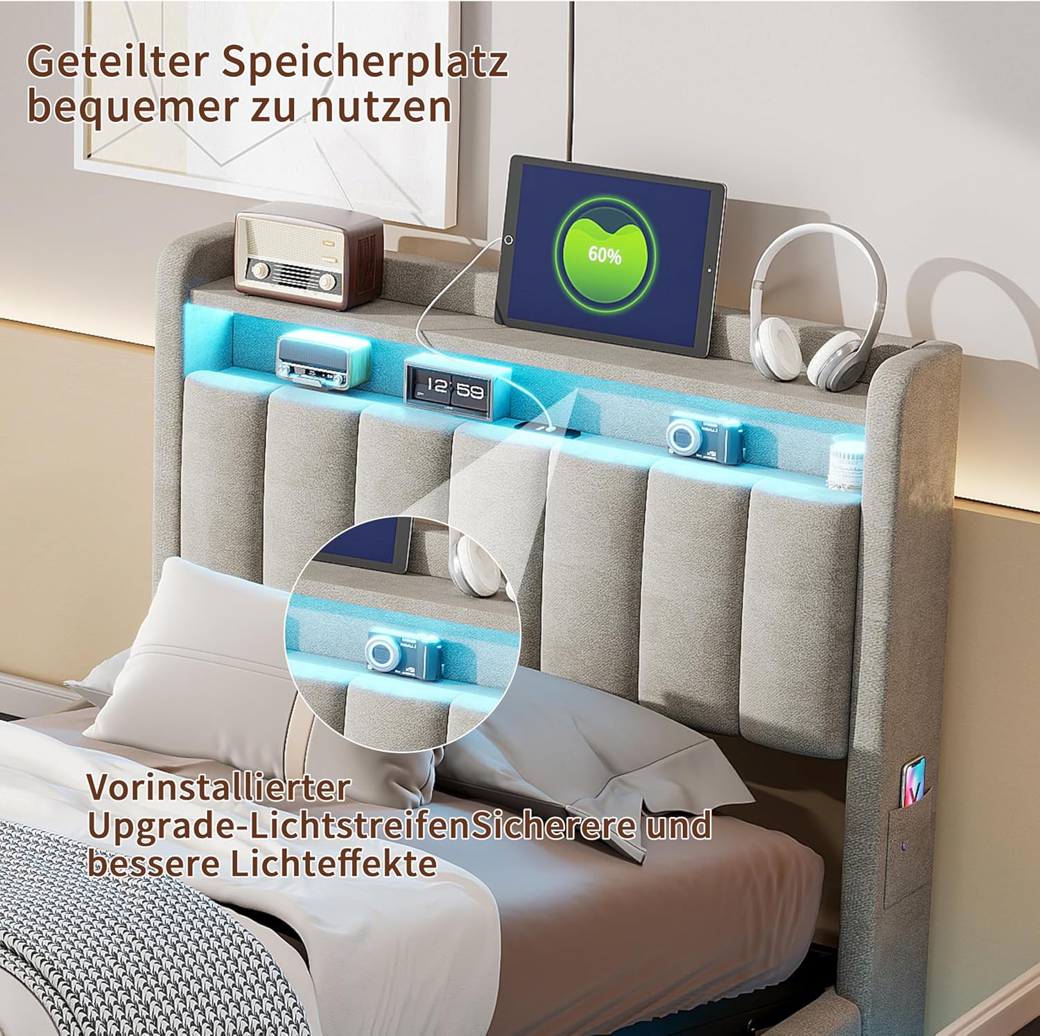 Polsterbett Einzelbett 90x200 cm, Hydraulisch Stauraumbett Bett mit Stauraum Kopfteil, Bettgestell mit Lattenrost, Jugendbett Funktionsbett mit USB und Typ-C Ladefunktion, Ohne Matratze(Grau)