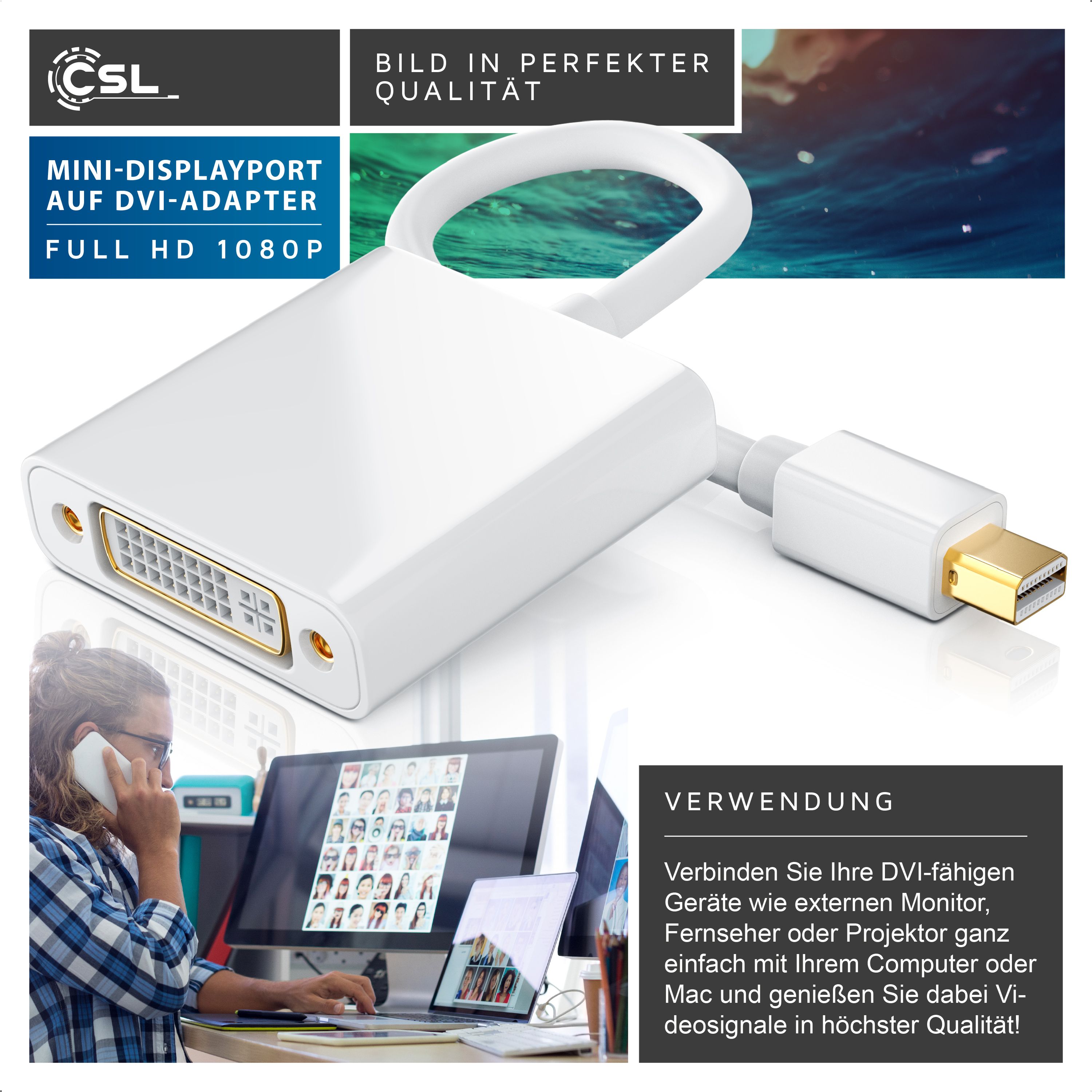 CSL Full HD MiniDP zu DVI Adapter Kabel - Mini DisplayPort zu DVI Buchse