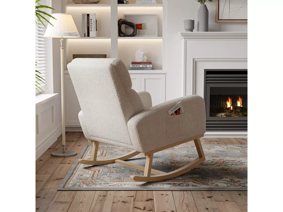 Fauteuil à bascule en bois massif, fauteuil à bascule recouvert de laine avec poches à côté des accoudoirs, beige